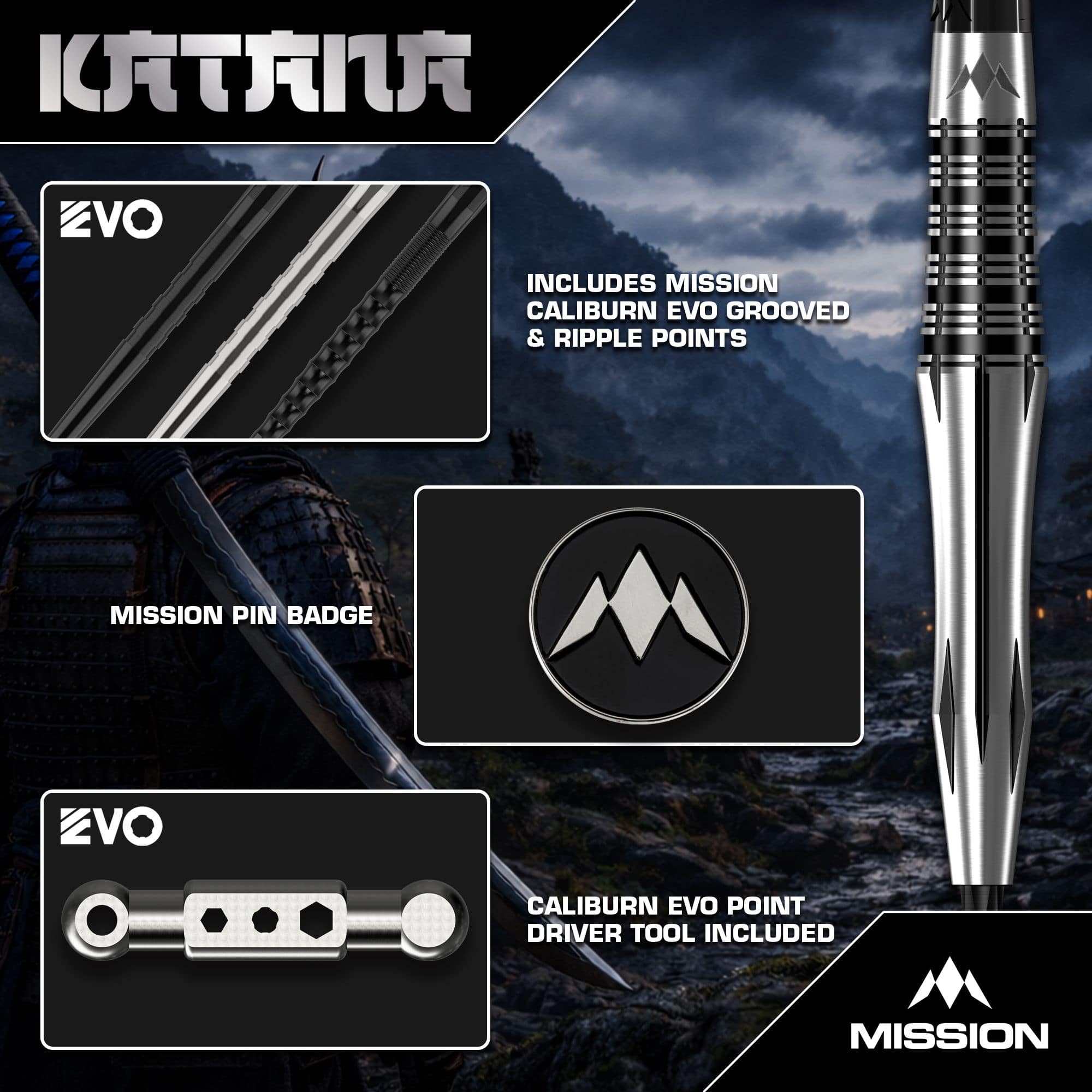 Mission Katana Steeldarts sind hochwertige Steeldarts. Auf dem Bild ist das Produkt aus nächster Nähe zu sehen.