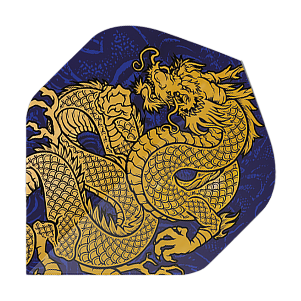 Pentathlon Flights Dragon blue Das Bild zeigt ein Dart-Flight mit einem goldenen Drachenmotiv auf dunkelblauem Hintergrund. Es handelt sich um das Produkt "Pentathlon Dragon 4 Standard Flights".
