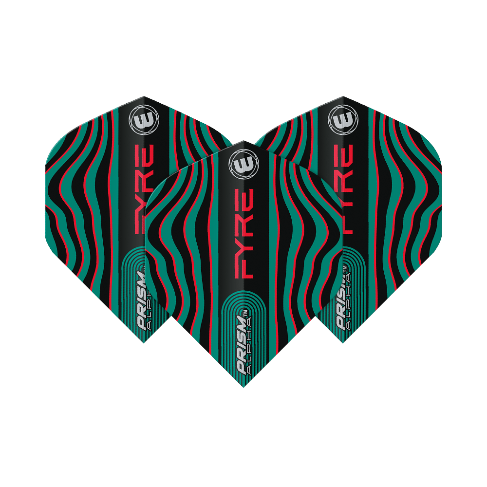 6915-708_Winmau_Prism_Alpha_Fyre_BlackTurquoiseRed_Standard_Flights_1vxTlhNamoefID Das Bild zeigt drei Dart-Flights des Modells "Winmau Prism Alpha Fyre" in Schwarz, Türkis und Rot. Die Flights haben ein auffälliges, wellenförmiges Linienmuster und die Wörter "FYRE" und "PRISM" sind darauf zu sehen.