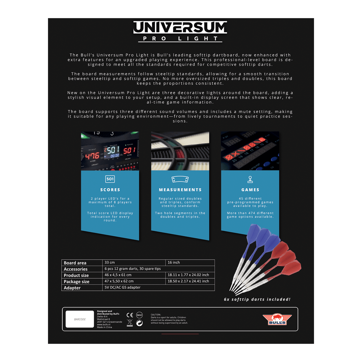 Auf dem Bild ist das Bulls NL Universum Pro Light Elektronisches Dartboard - Blau Rot zu sehen. Es eignet sich perfekt für Darts-Spiele zu Hause.