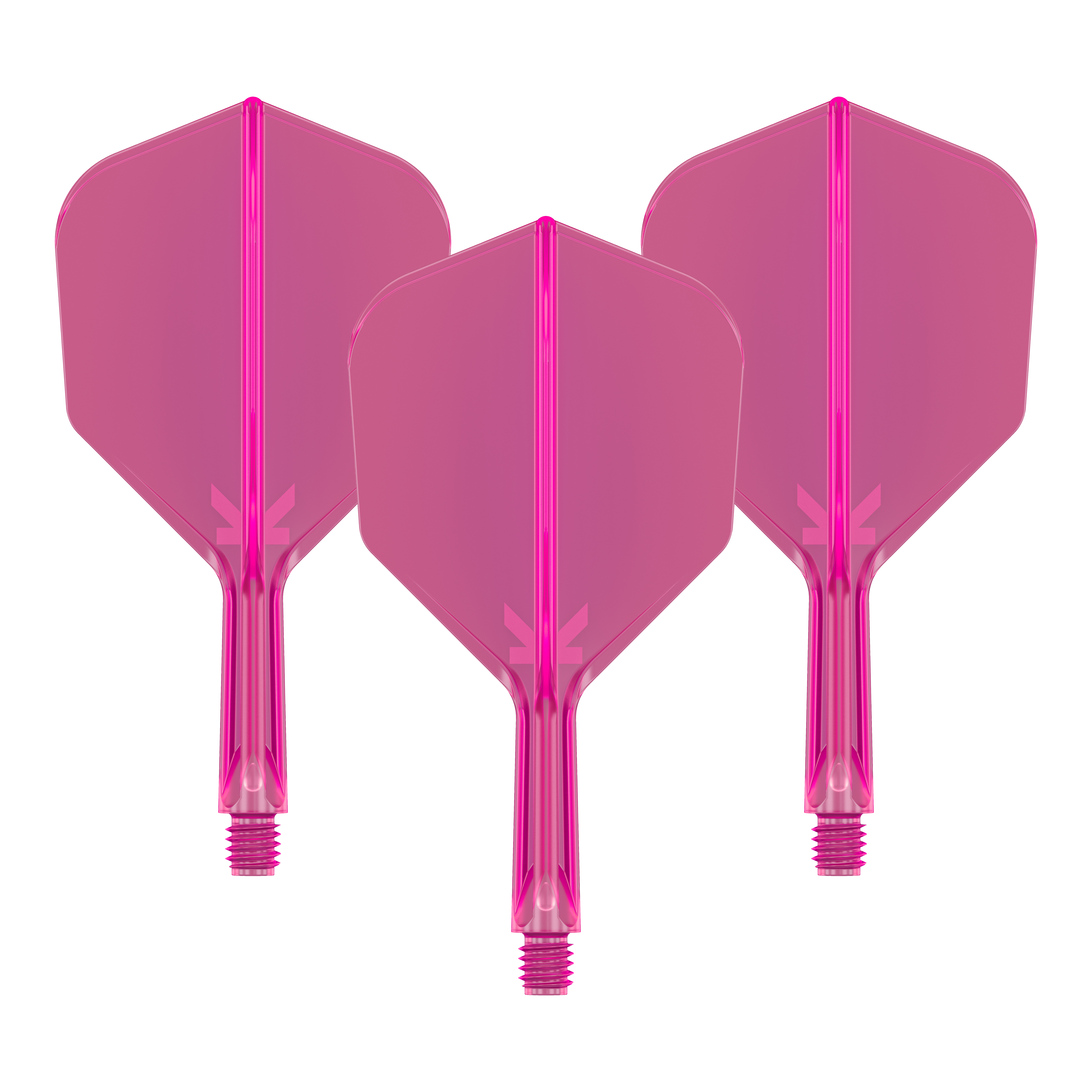 Target K-Flex No6 Flight System - Neon Pink Das Bild zeigt drei neonpinke Dart-Flights mit angesetzten Schäften. Sie sind nebeneinander angeordnet und haben ein transparentes Design.