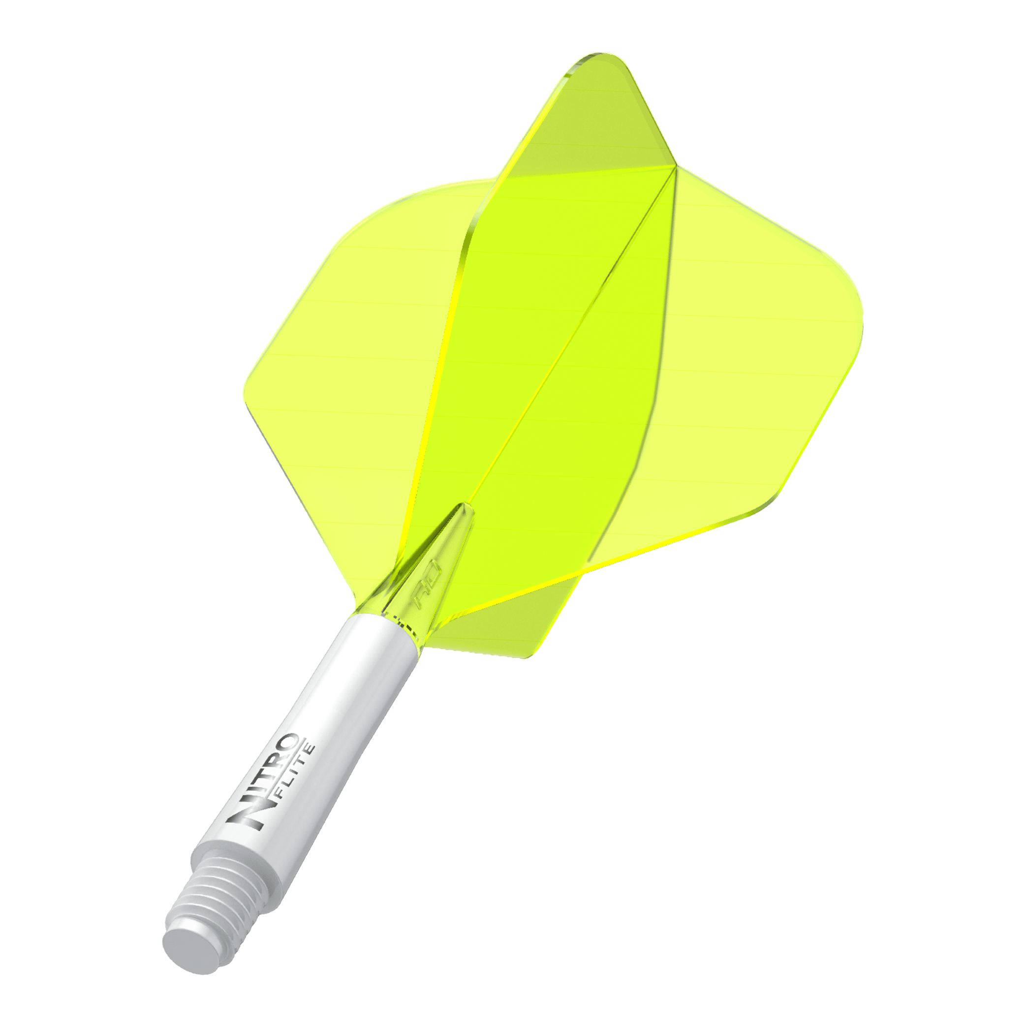 Red Dragon Nitroflite - White Shaft Yellow No2 Flights Das Bild zeigt einen gelben Dartflight mit einem weißen Schaft. Auf dem Schaft steht der Text "NITRO FLITE".