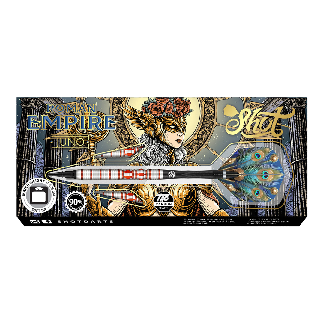 Shot Roman Empire Juno soft darts Das Bild zeigt die Verpackung der Shot Roman Empire Juno Softdarts. Auf der Verpackung ist ein kunstvolles Design mit einer Kriegerin und auffälligen Farben abgebildet.