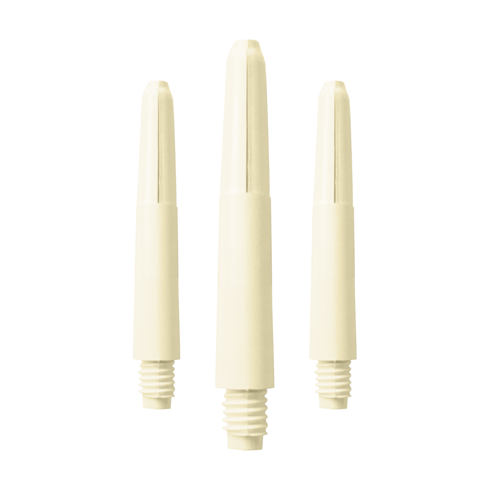 Das Bild zeigt drei Nylon Shafts in der Farbe Naturweiß. Die Shafts haben ein schlichtes, glattes Design mit einem Schraubgewinde am unteren Ende.