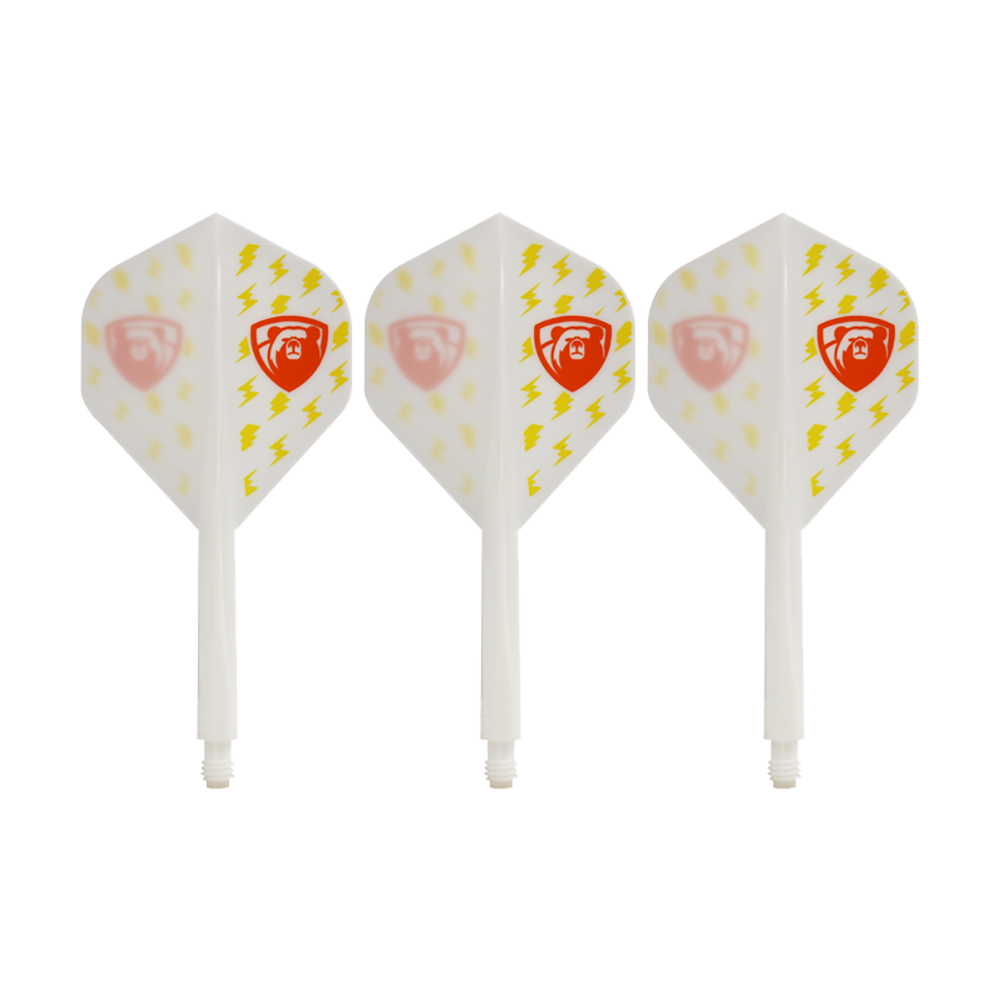 Das Bild zeigt drei weiße Dartflights des Condor AXE Thunderbolt White Flight-Systems in Standardform. Die Flights sind mit gelben Blitzen und einem roten Schild-Logo verziert.