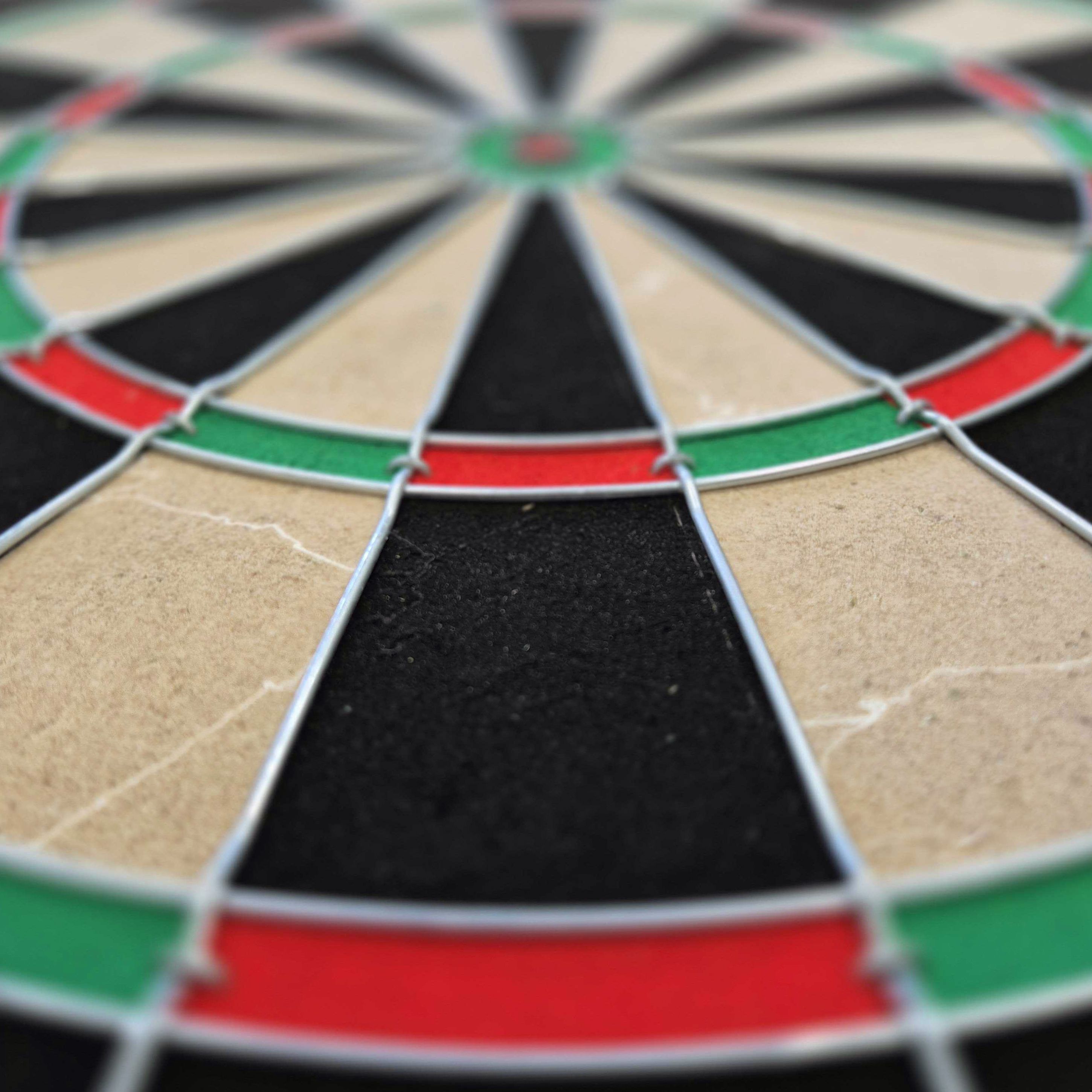 Target Dimitri Van Den Bergh steel dartboard set Das Bild zeigt eine Nahaufnahme eines Steeldartboards mit schwarz, beige, rot und grün markierten Segmenten. Besonders gut zu erkennen sind die Drähte, die die Felder voneinander trennen.