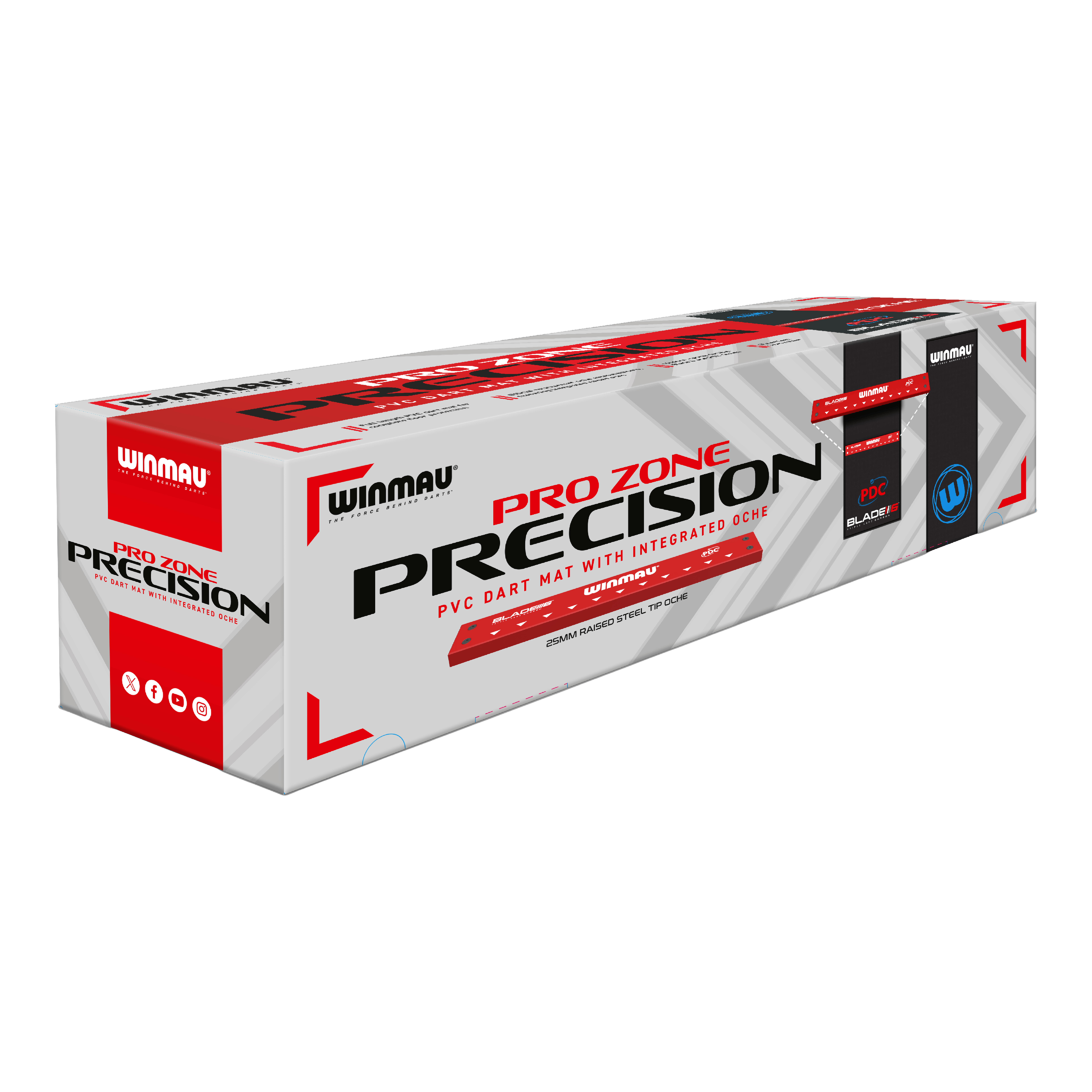 Winmau Pro-Zone Precision Blade 6 dart mat with Oche Die Abbildung zeigt die Verpackung der "Winmau Pro-Zone Precision Blade 6 Dartmatte mit Oche". Auf der Verpackung steht, dass es sich um eine PVC-Dartmatte mit integriertem Oche handelt.