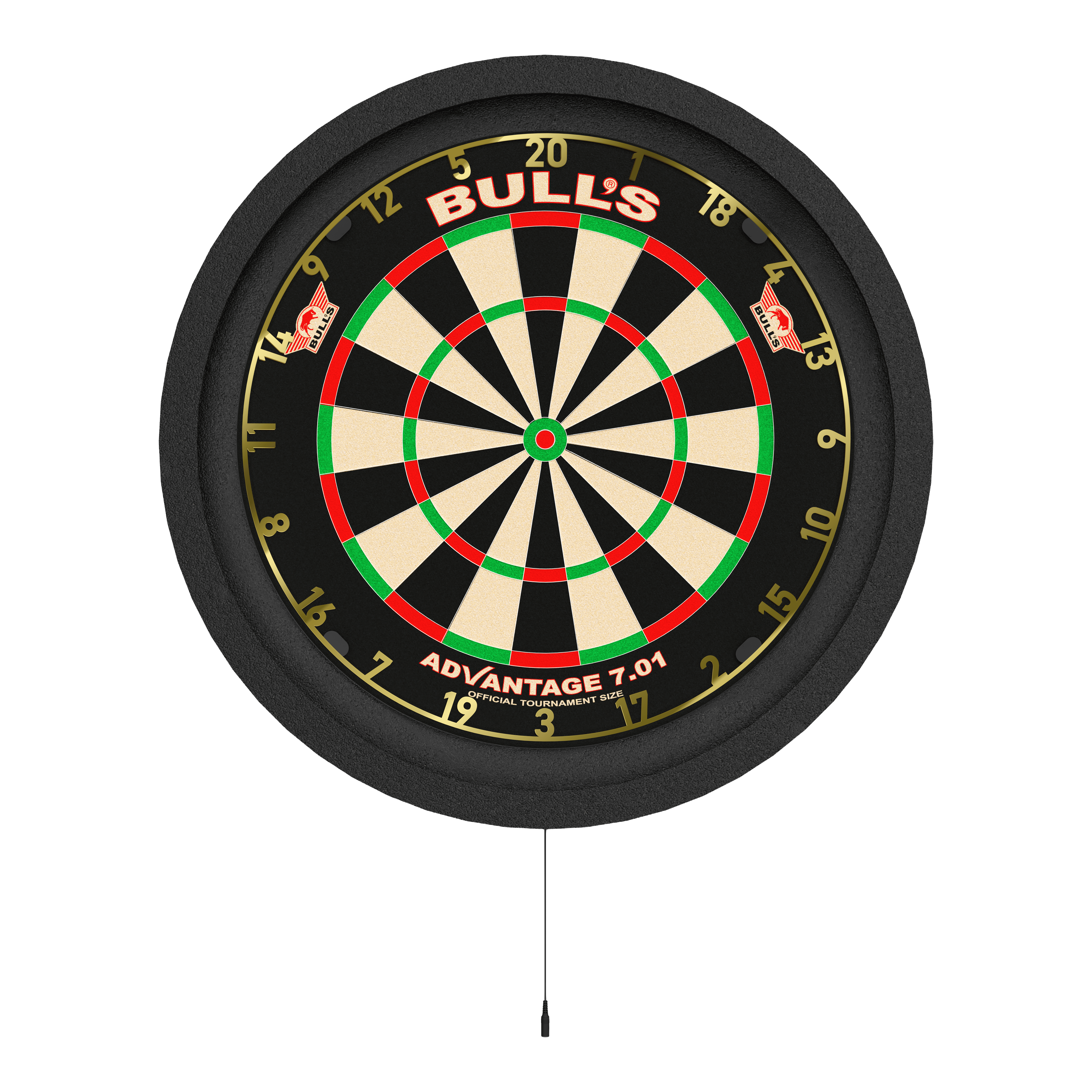 Das Bild zeigt eine Dartscheibe mit einer runden, beleuchteten Umrandung. Es handelt sich um das Produkt „Bulls NL Lumo 2 Light Surround Beleuchtungssystem“.