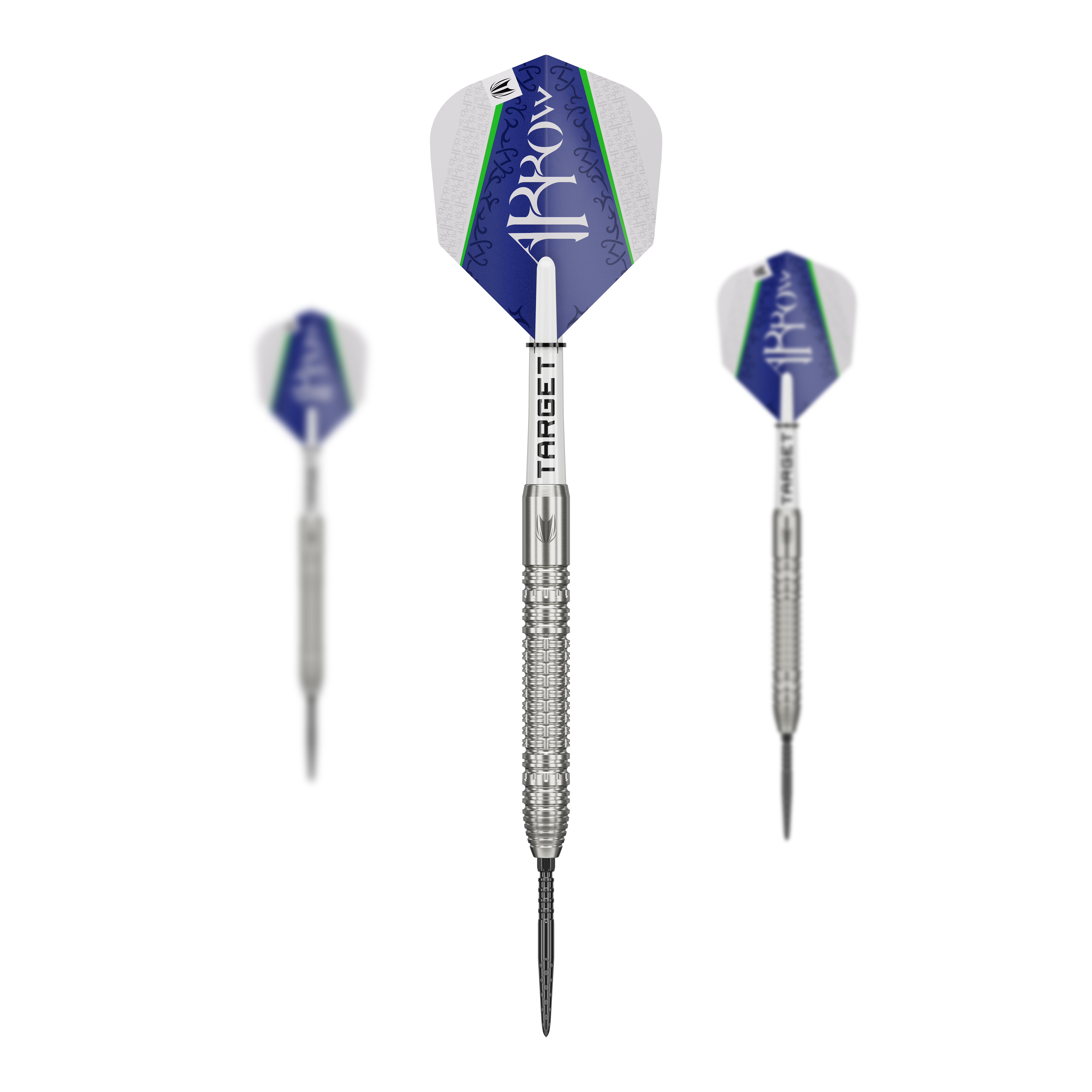 Target Shane McGuirk GEN1 Swiss Point Steel Darts - 23g Das Bild zeigt drei Steeldarts des Modells "Target Shane McGuirk GEN1 Swiss Point - 23g". Die Darts haben silberne Spitzen und Schäfte sowie blau-weiße Flights mit grünen Akzenten.