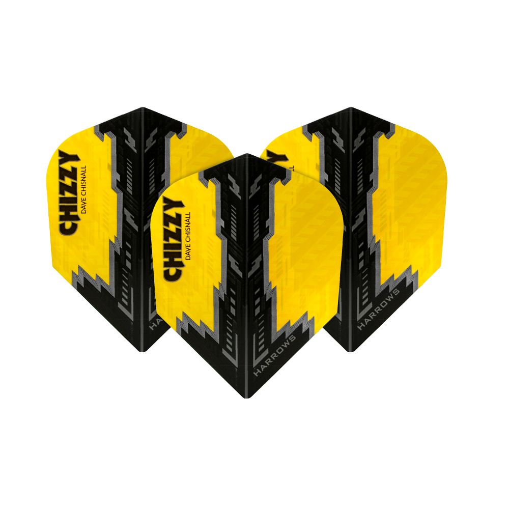 HR7531_Harrows_Dave_Chisnall_Prime_Gelb_Schwarz_No6_Flights_1ILFOdWWeNnc6y Das Bild zeigt die Harrows Prime Dave Chisnall Schwarz No6 Flights. Die Flights sind gelb und schwarz mit dem Schriftzug "CHIZZY" und "HARROWS" darauf.