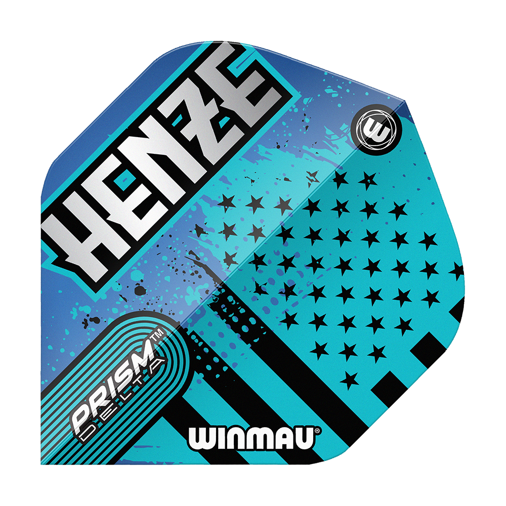Winmau Prism Delta Rick Henze Standard Flights Das Bild zeigt ein Winmau Prism Delta Rick Henze Standard Flight in blau-schwarzem Design. Auf dem Flight stehen die Wörter "HENZE", "PRISM DELTA" und "WINMAU".