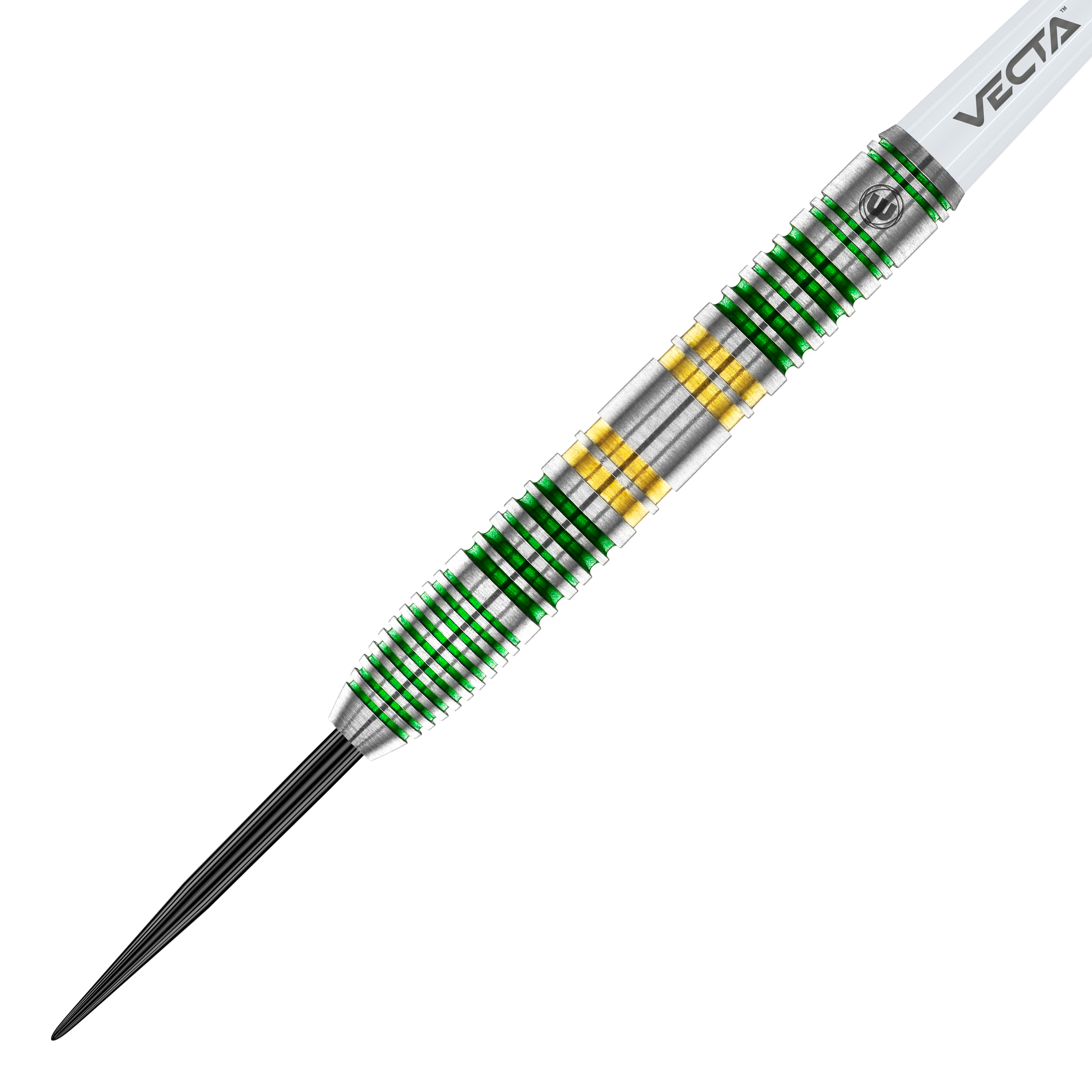 Winmau Xenon Steeldarts Das Bild zeigt einen Winmau Xenon Steeldart. Der Dartpfeil hat ein silbernes Griffstück mit grünen und goldenen Ringen.