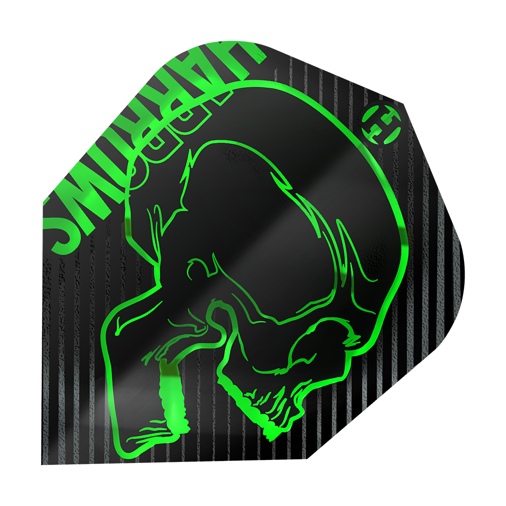 Harrows Rage Green No6 Flights Das Bild zeigt das Produkt "Harrows Rage Green No6 Flights". Auf dem Flight ist ein grüner Totenkopf auf schwarzem Hintergrund mit grünen Streifen abgebildet.