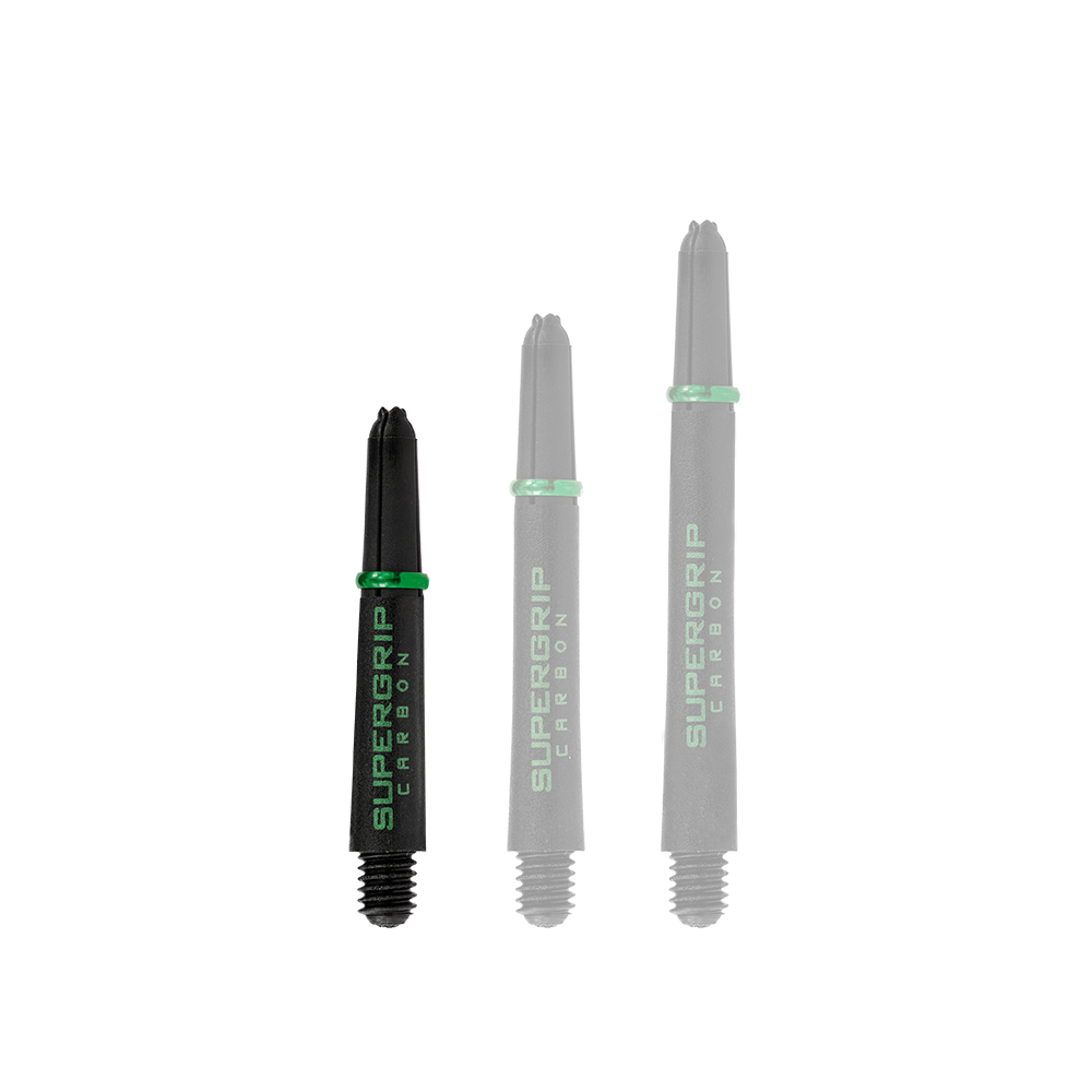 HR360_Harrows_Supergrip_Carbon_Shafts_Gr-n_33mm_1 Das Bild zeigt drei schwarze Harrows Supergrip Carbon Shafts mit grünen Akzenten in verschiedenen Längen. Auf den Schäften steht in grüner Schrift "SUPERGRIP CARBON".