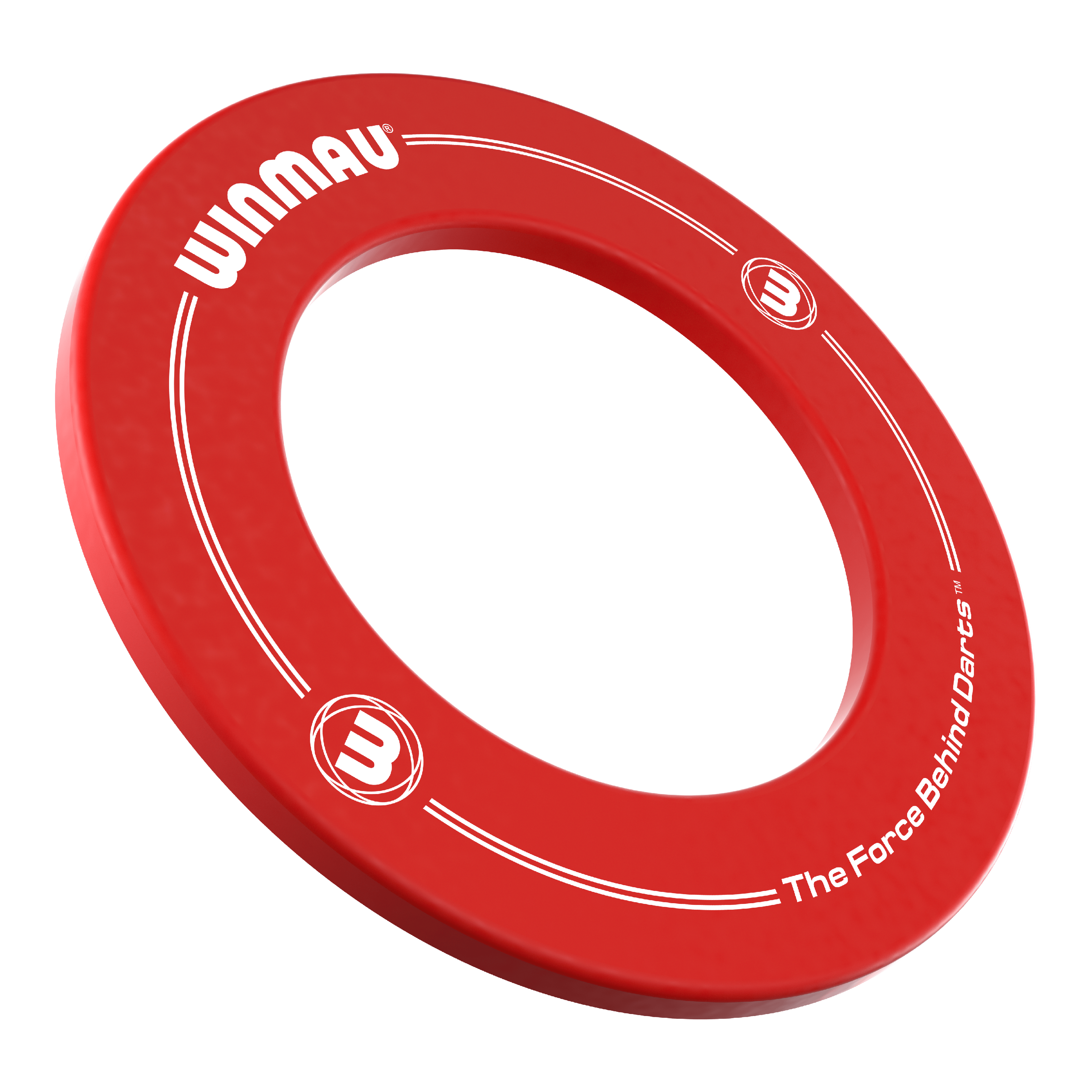 Dies ist ein roter Dartboard-Surround der Marke Winmau. Auf dem Rand steht der Schriftzug „The Force Behind Darts“.