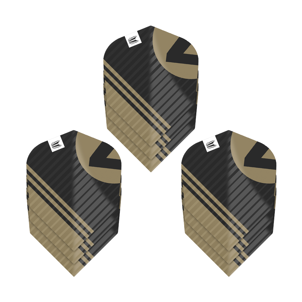 337220_Target_ProUltra_3Sets_Chicane_Black_No6_Flights_1aGUtIHAhBdRQO Das Bild zeigt drei Sätze Target Pro Ultra Chicane Black No6 Flights. Die Flights sind schwarz mit goldenen und schwarzen Mustern gestaltet.