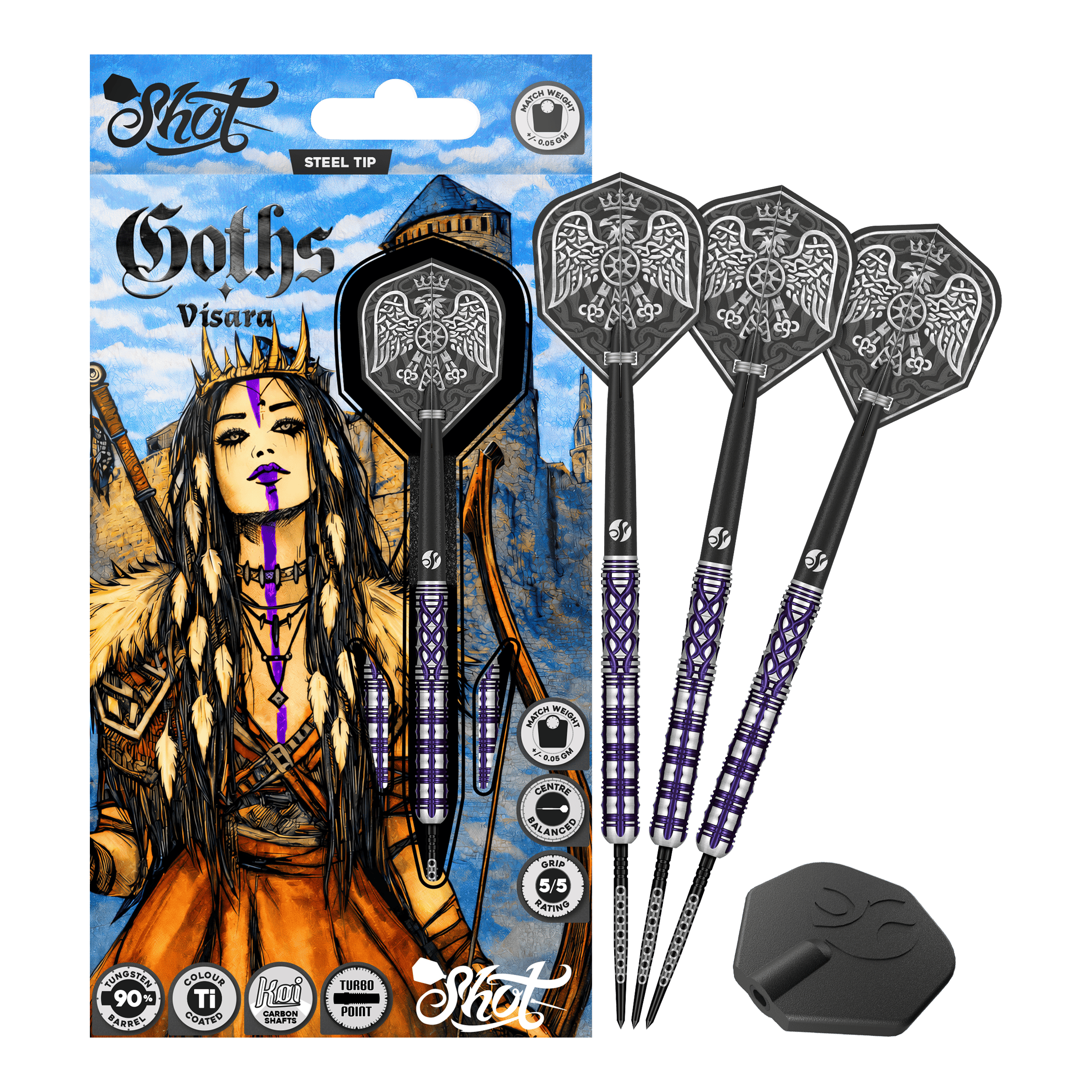 Shot Goths Visara Turbo Point Steel Darts - 23g Das Produkt zeigt die Shot Goths Visara Turbo Point Steeldarts - 23g in voller Ansicht. Diese Steeldarts stehen für Qualität und Zuverlässigkeit beim Dartspiel.