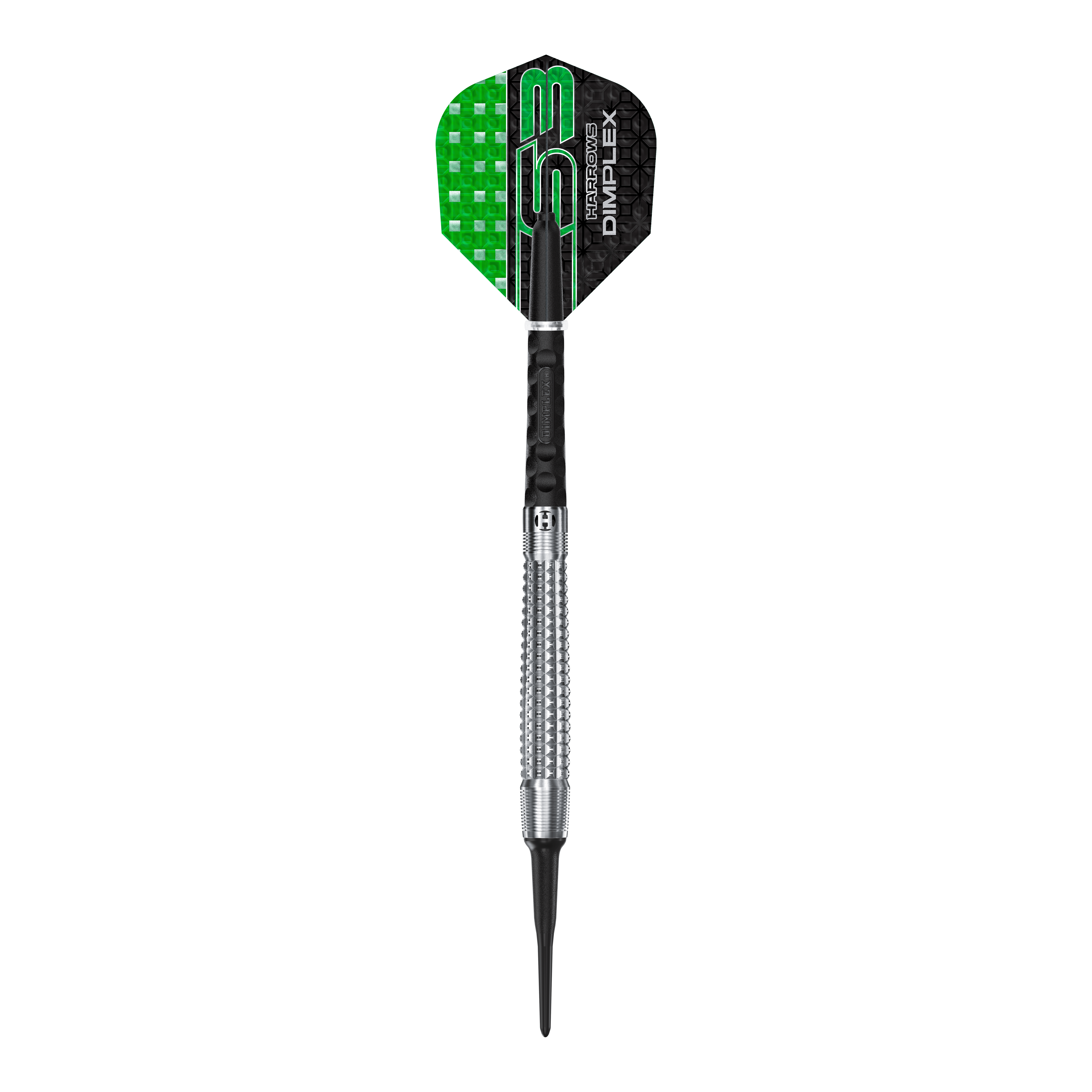 Harrows Dimplex S3 Tapered Soft Darts Das Bild zeigt einen Harrows Dimplex S3 Tapered Softdart. Der Dartpfeil hat eine Metallspitze und ein schwarzes und grünes Flight-Design.