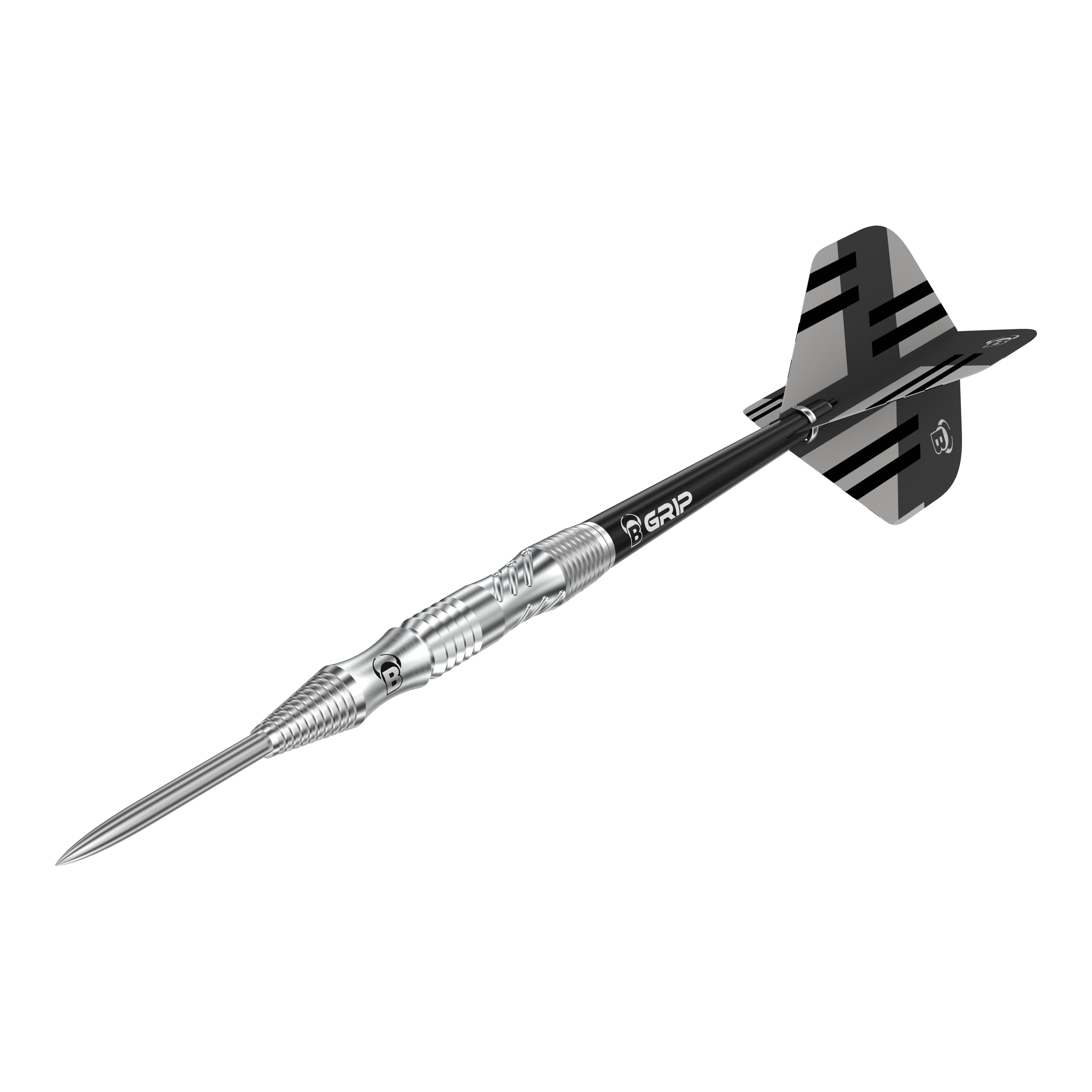 Bulls Tac T1 Steeldarts Das Bild zeigt einen Bulls Tac T1 Steeldart. Der Dart hat eine silberne Spitze und ein schwarzes Flight-Design mit Streifen.