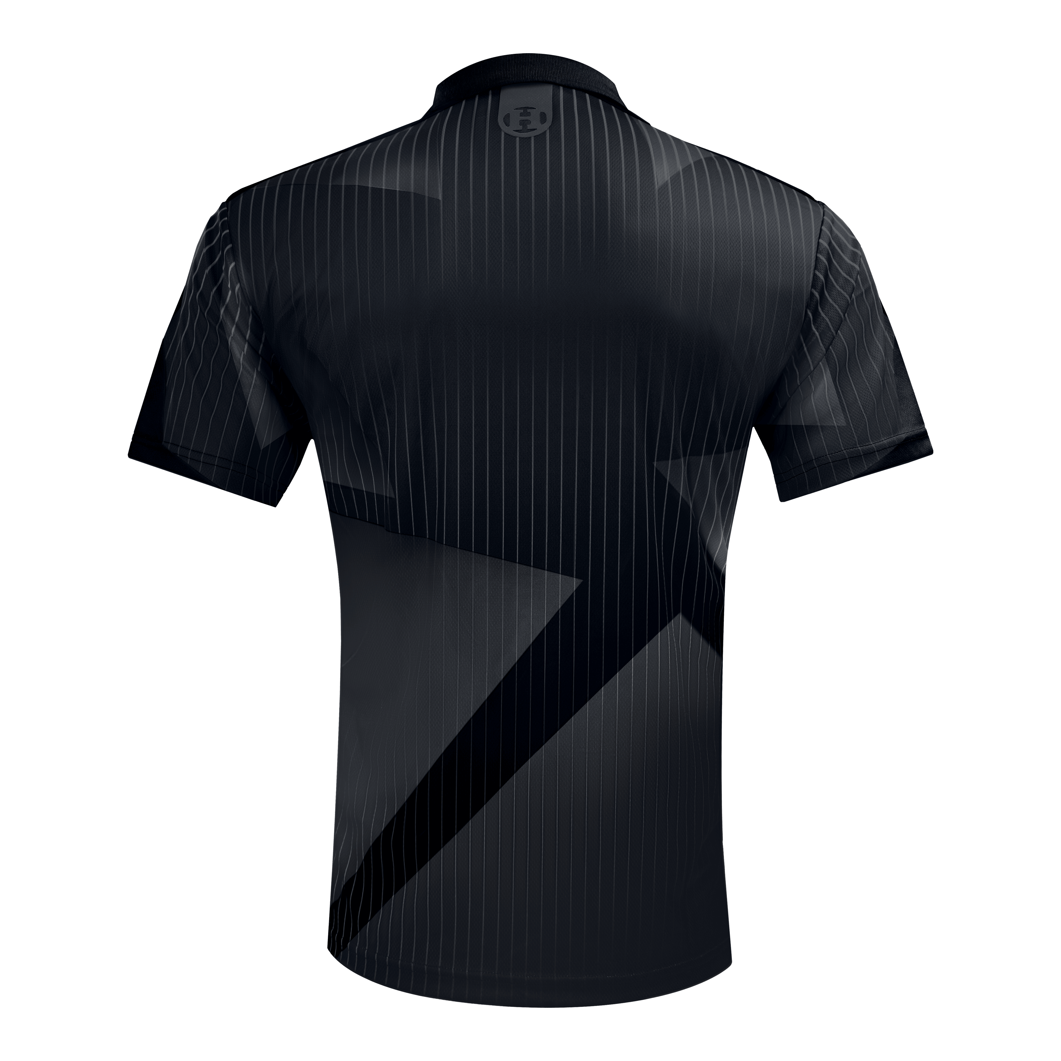 Harrows Shard Dartshirt - Schwarz Das Bild zeigt das Harrows Shard Dartshirt in Schwarz von hinten. Das Shirt hat feine vertikale Streifen und ein auffälliges geometrisches Muster.