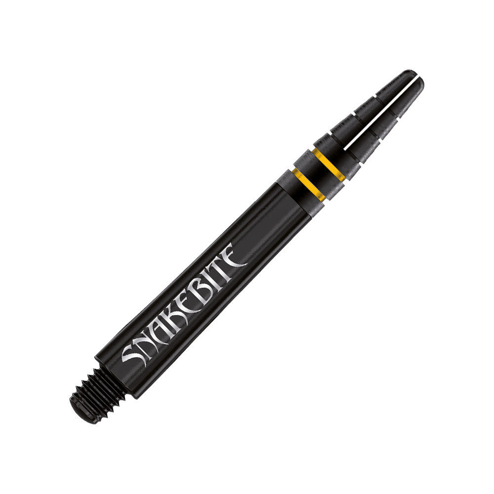 C798_Red_Dragon_Nitrotech_Peter_Wright_Shafts_Schwarz_2 Das Bild zeigt einen schwarzen Dart-Schaft mit der Aufschrift "Snakebite". Es handelt sich um den "Red Dragon Nitrotech Peter Wright Shaft Schwarz" in der Länge von 39 mm.