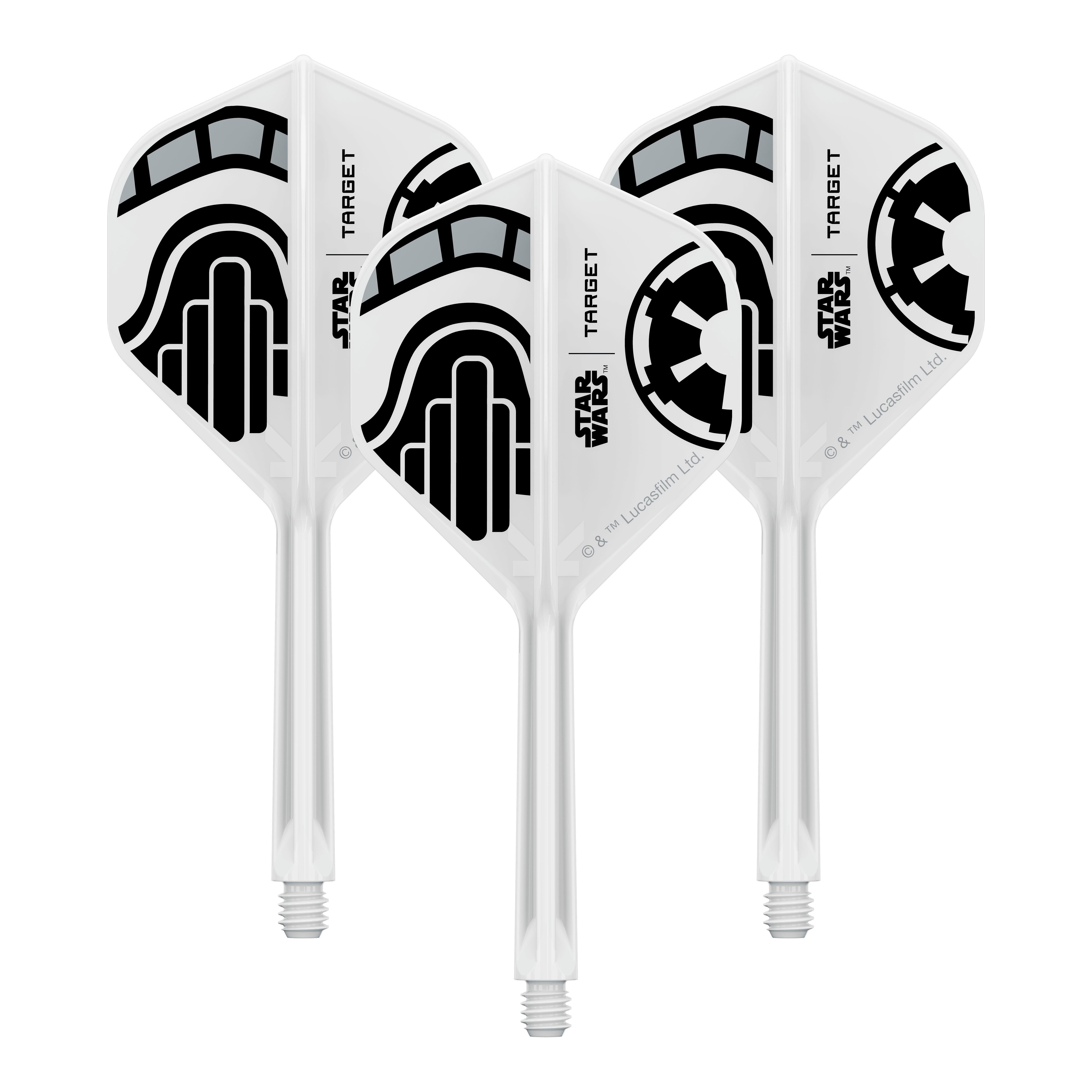 Target Star Wars K-Flex Stormtrooper No2 Standard Flights Das Bild zeigt ein Set von Dart-Flights der Star Wars KFlex Stormtrooper No2 Standard Serie. Diese Version ist medium und hat eine Länge von 33 mm.