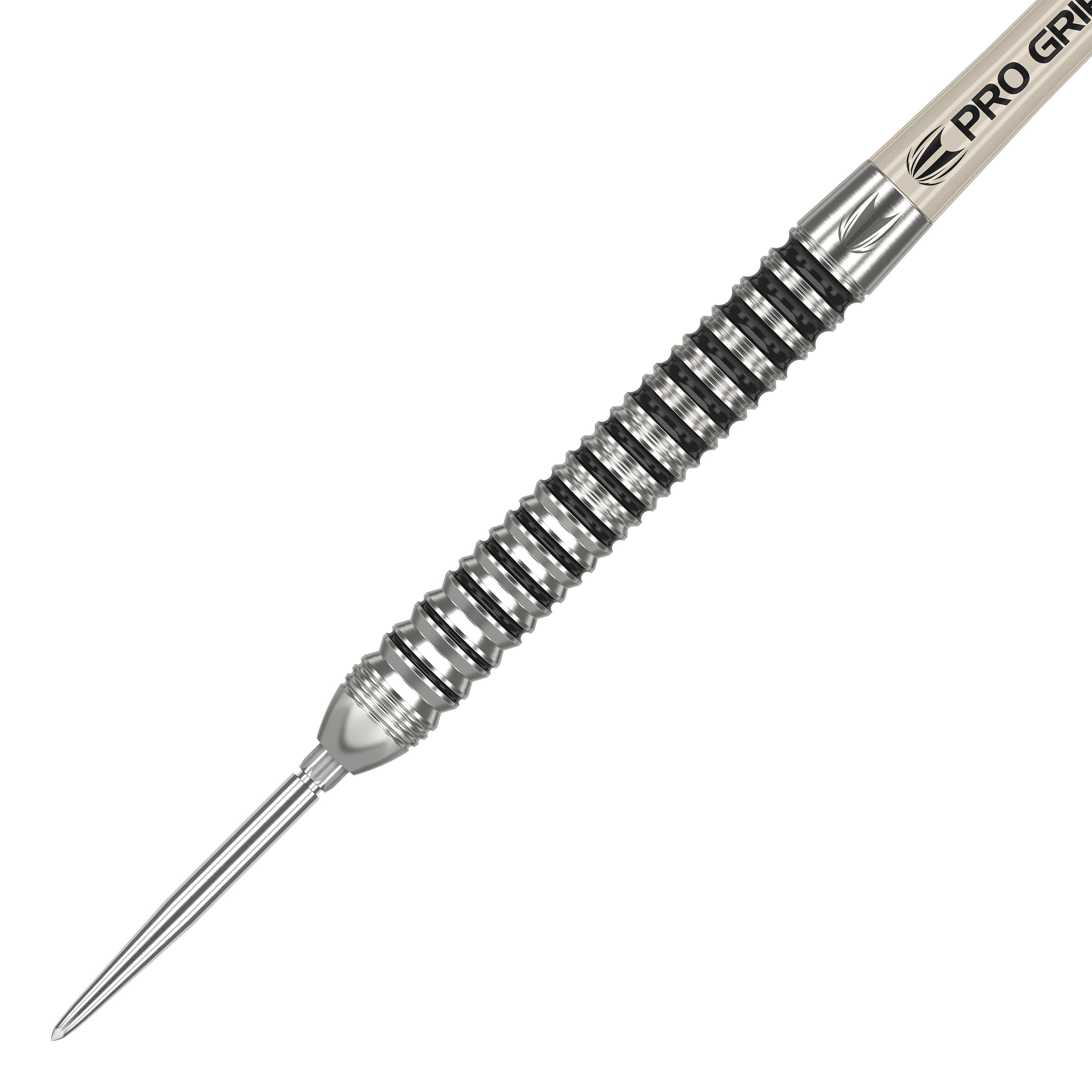 Target EXO SP01 Swiss Point steel darts Das Bild zeigt einen Target EXO SP01 Swiss Point Steeldart. Der Dart hat ein silbernes, geriffeltes Barrel und eine spitze Stahlspitze.