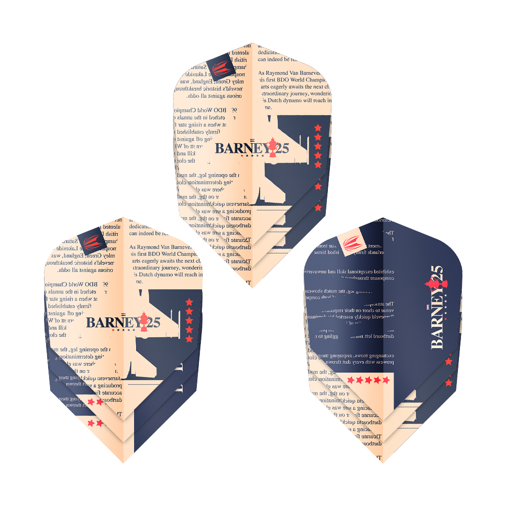 Das Bild zeigt drei Dart-Flights mit dem Design „BARNEY25“ und Sternen. Sie sind in den Farben Dunkelblau und Beige gehalten und tragen Text sowie ein Logo.