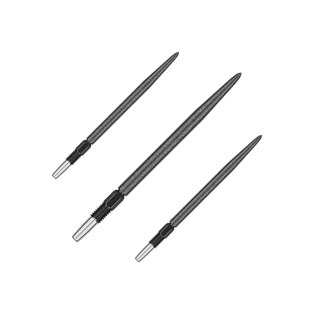 Target Swiss Point SLK dart tips - Black Das Bild zeigt drei schwarze Dartspitzen, die nebeneinander liegen. Sie haben eine metallische Spitze und einen geriffelten Abschnitt am Ende.
