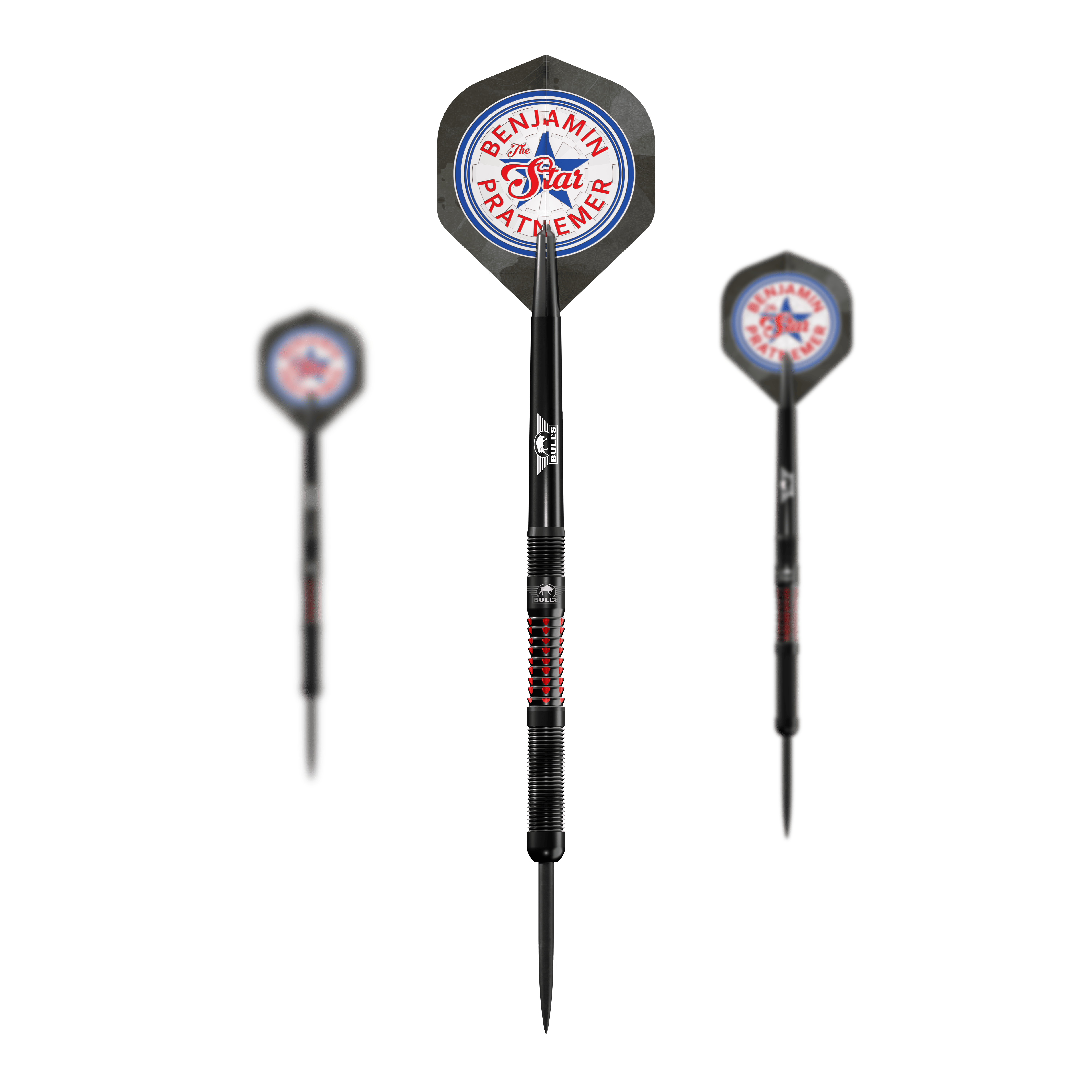 Das Bild zeigt drei Steeldarts mit der Aufschrift "Benjamin Pratnemer The Star" auf den Flights. Die Darts sind schwarz mit roten Akzenten und wiegen 20 Gramm.