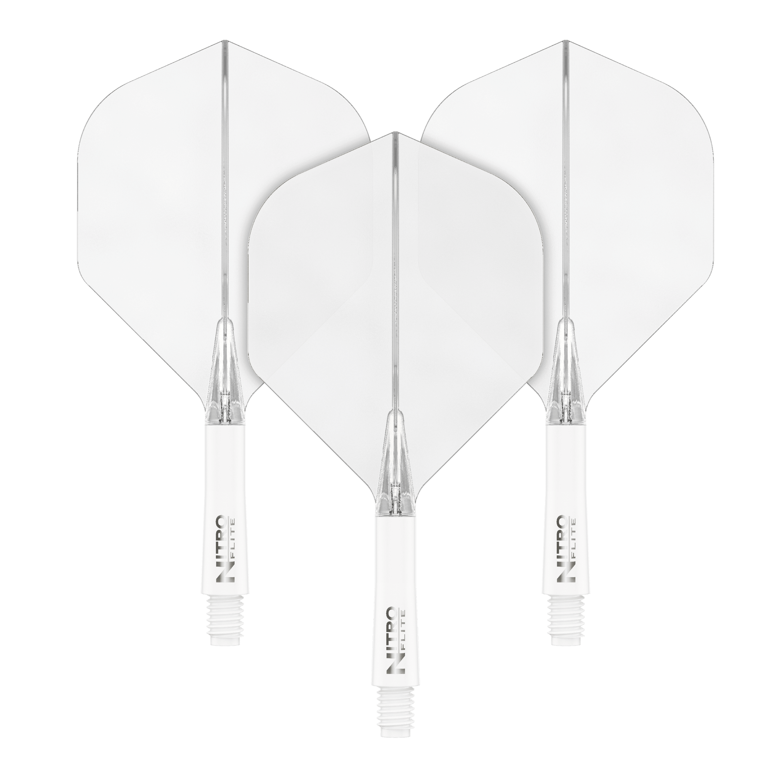 Red Dragon Nitroflite - White Shaft Clear No2 Flights Das Bild zeigt drei weiße Dartflights mit weißen Schäften. Sie sind nebeneinander auf schwarzem Hintergrund angeordnet.