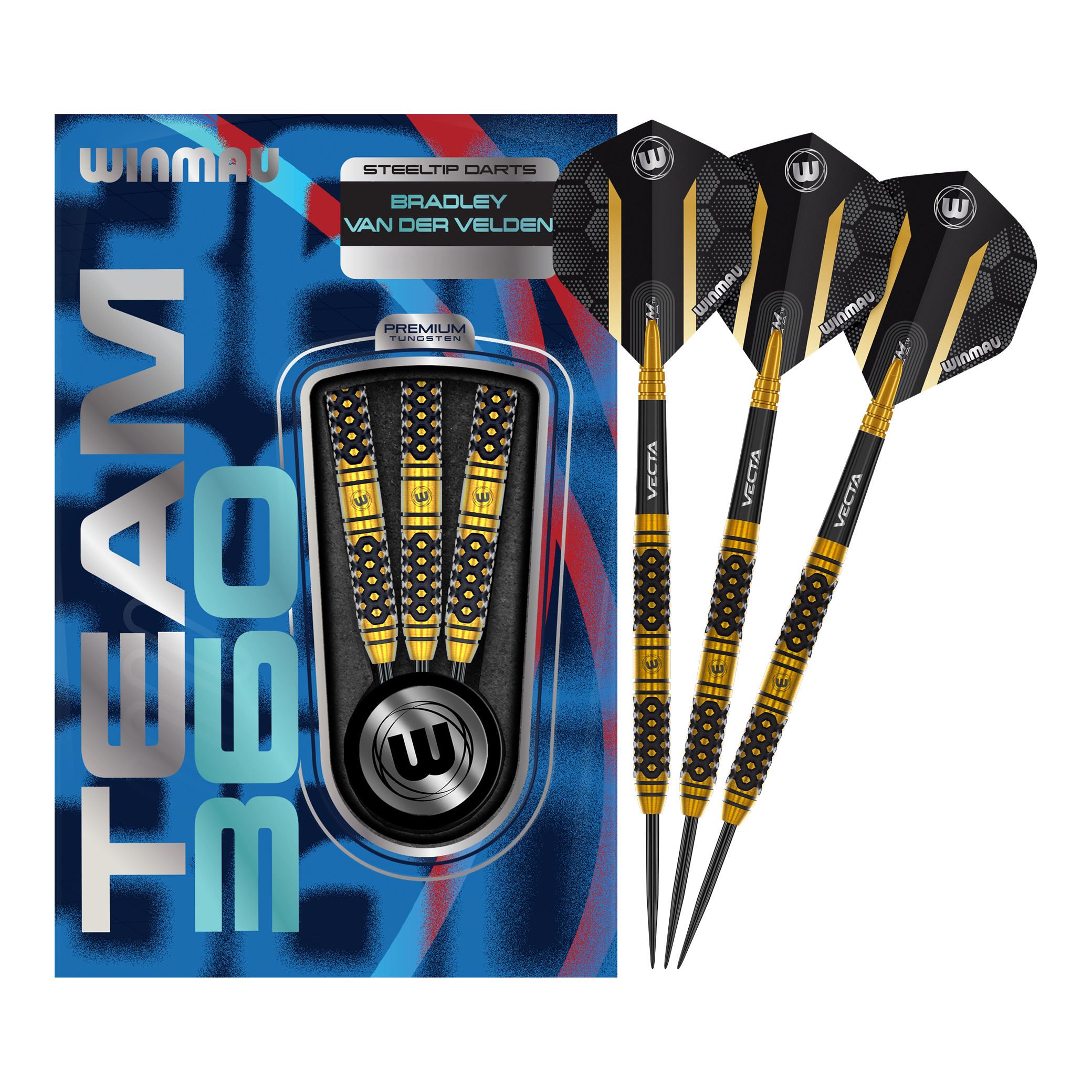 Zu sehen ist ein Winmau Team 360 Bradley Van Der Velden Steeldarts - 22g. Das Bild vermittelt einen vollständigen Eindruck des Dartprodukts.