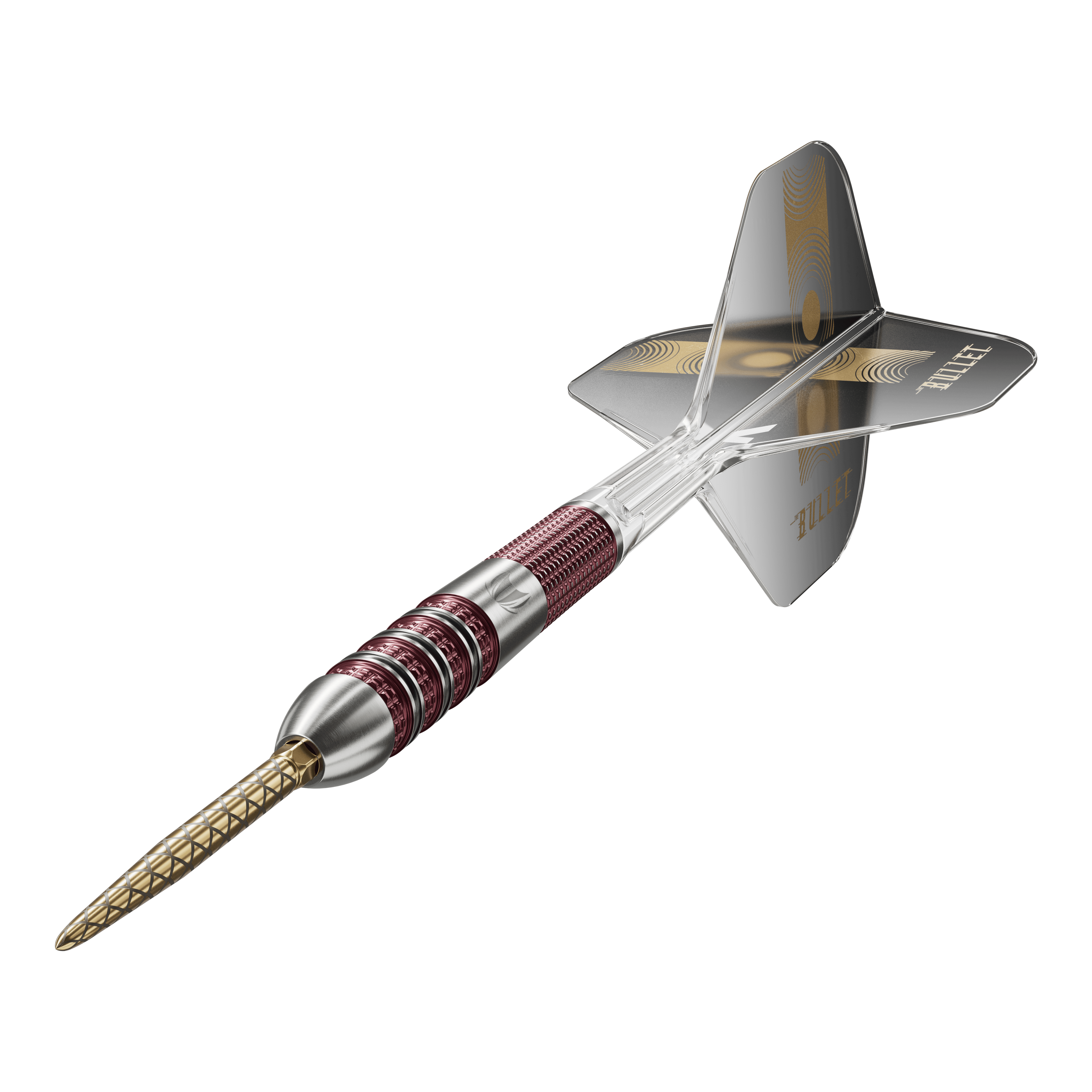 Target Stephen Bunting 95K Swiss Point Steel Darts Das Bild zeigt einen Target Stephen Bunting 95K Swiss Point Steeldart. Der Dartpfeil hat einen metallic-roten Griff, eine goldene Spitze und schwarze Flights mit dem Schriftzug "BULLET".