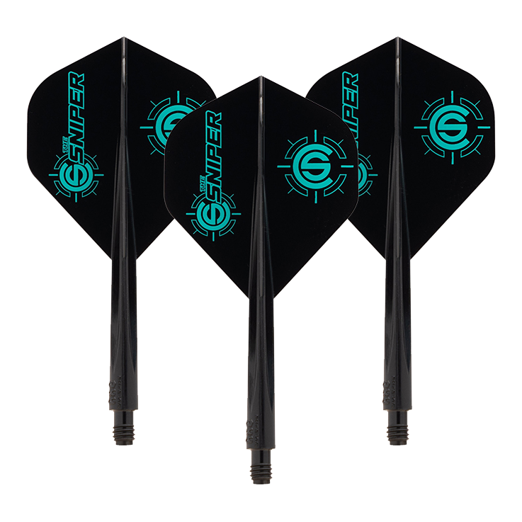 Condor AXE The Sniper Flight-System - Standard Das Bild zeigt drei schwarze Dartflights mit Aufdruck „SNIPER“ und einem Ziellogomuster in Türkis. Es handelt sich um das Produkt „Condor AXE The Sniper Flight-System - Standard“.