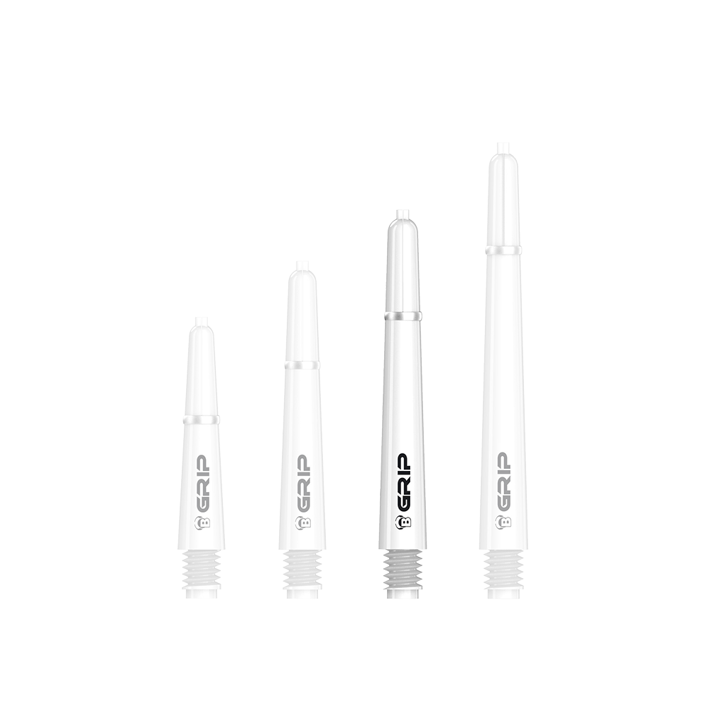 Auf dem Bild sind vier weiße Dartschäfte des Modells „Bulls B-Grip-2 SL Shafts“ in unterschiedlichen Längen zu sehen. Die Schäfte haben ein schlichtes Design mit schwarzer Aufschrift „GRIP“.