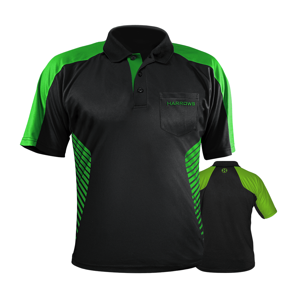 HRS-17492_Harrows_Vivid_Dartshirt_Black_Green_0 Harrows Vivid Dartshirt Black/Farbig liegt flach und frontal. Die Details des Shirts kommen klar zur Geltung.