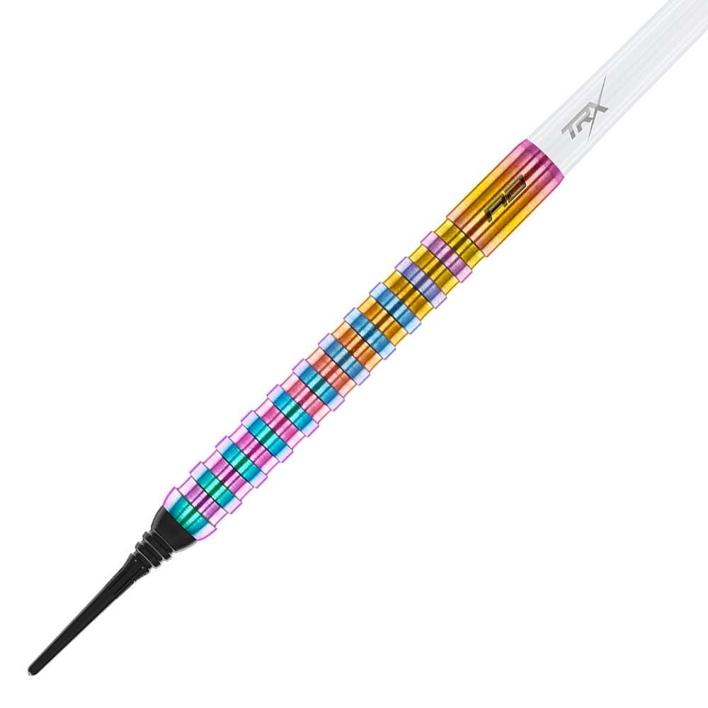 RD2517_Red_Dragon_Javelin_Spectron_Softdarts_2 Das Bild zeigt einen Red Dragon Javelin Spectron Softdart mit einem Gewicht von 20g. Der Dart hat einen bunten, metallisch glänzenden Schaft mit verschiedenen Farben.