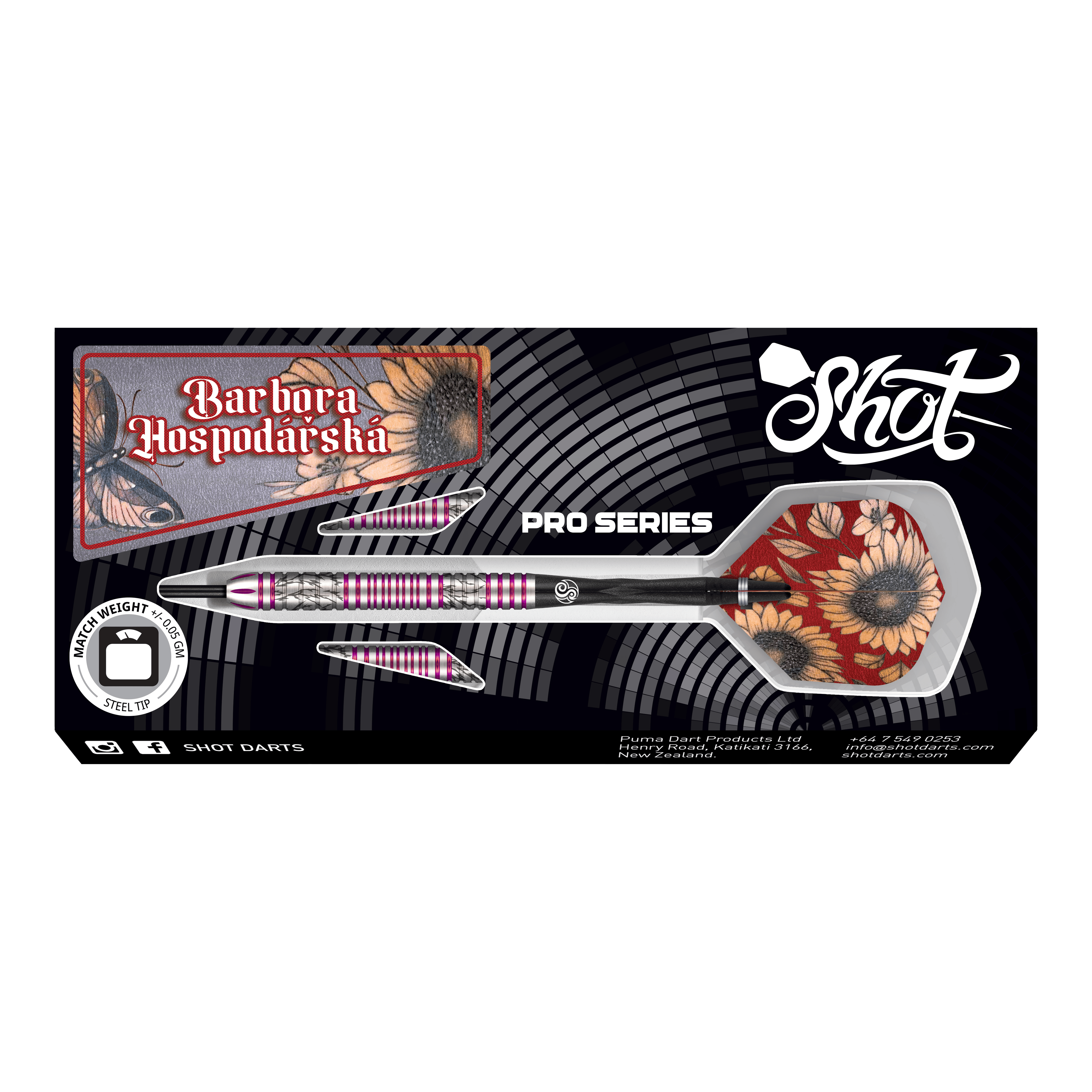 Shot Pro Series Barbora Hospodarska 2 Steeldarts - 23g Das Bild zeigt das Produkt "Shot Pro Series Barora Hospodarska Steeldarts - 23g". Die Darts haben ein auffälliges Design mit Blumenmuster und sind für professionelle Spieler geeignet.