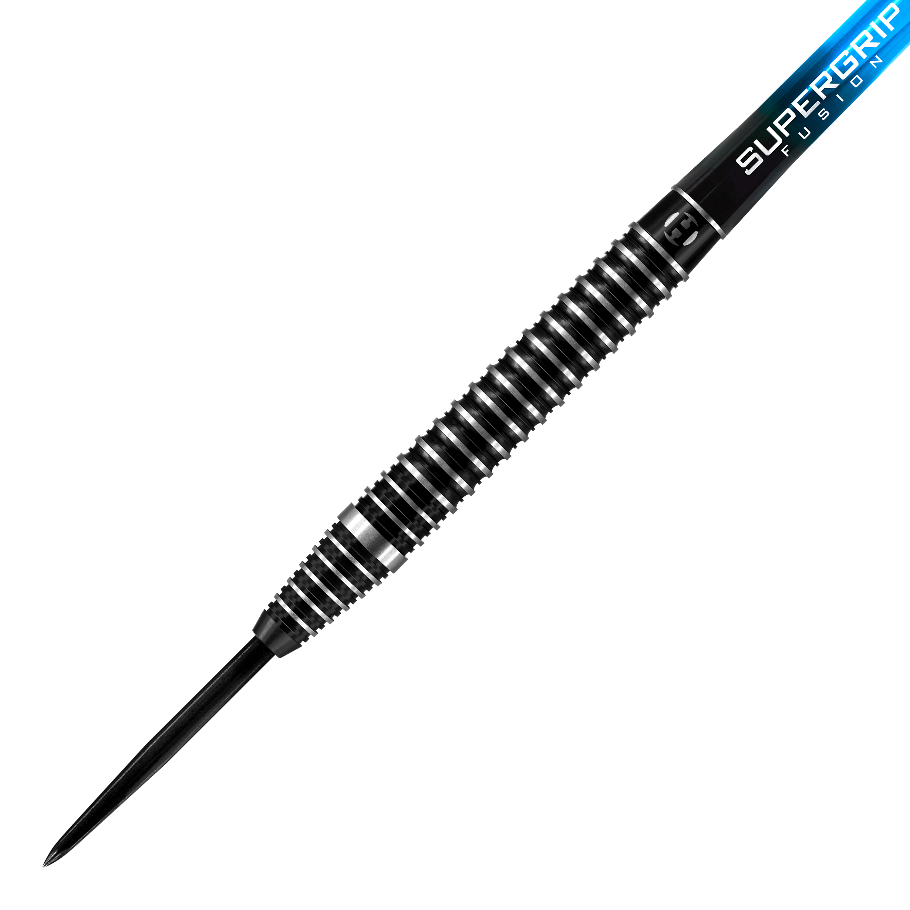 Das Bild zeigt einen Harrows Siege Steeldart mit schwarzer und silberner Riffelung. Am Schaft steht "Supergrip Fusion" in blauer und weißer Schrift.