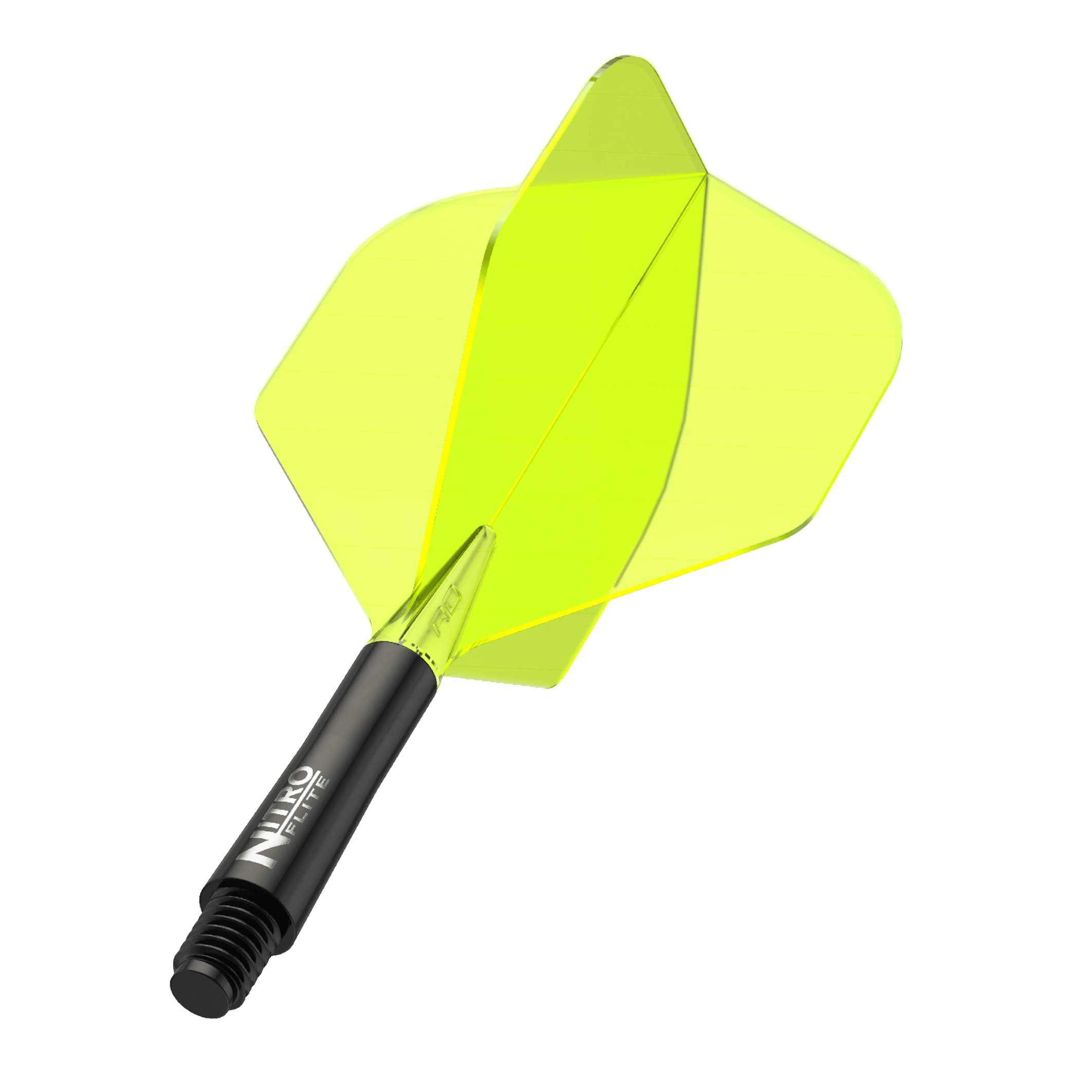 Red Dragon Nitroflite - Black Shaft Yellow No2 Flights Das Bild zeigt ein Dart-Flügel-Set mit einem leuchtend gelben Flight und schwarzem Schaft. Auf dem Schaft steht der Schriftzug "Nitro Flite".