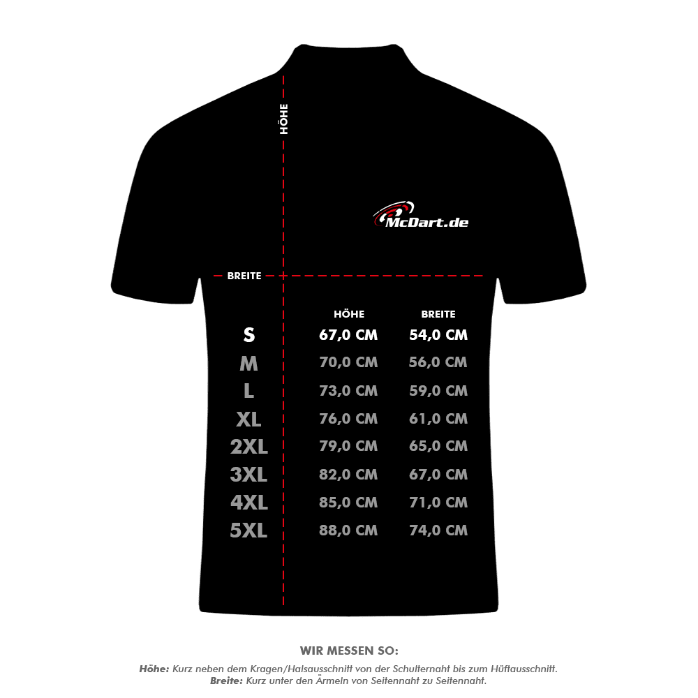 HRS-26036Harrows_Paragon_Dartshirts_5_SpIKzFwT3NEvtq Das Bild zeigt ein schwarzes Dartshirt mit dem Logo "McDart.de" und einer Größentabelle. Die Tabelle listet die Maße für die Größen S bis 5XL in Höhe und Breite auf.
