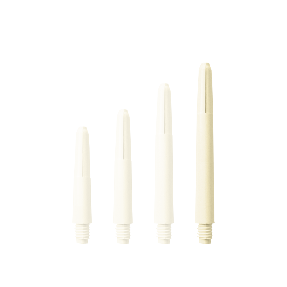 578_Nylon_Shafts_Naturweiss_48mm_1lhq0dozGcBTMT Das Bild zeigt vier Nylon-Schäfte in Naturweiß, die nebeneinander in unterschiedlichen Längen angeordnet sind. Jeder Schaft hat ein Schraubgewinde am unteren Ende.