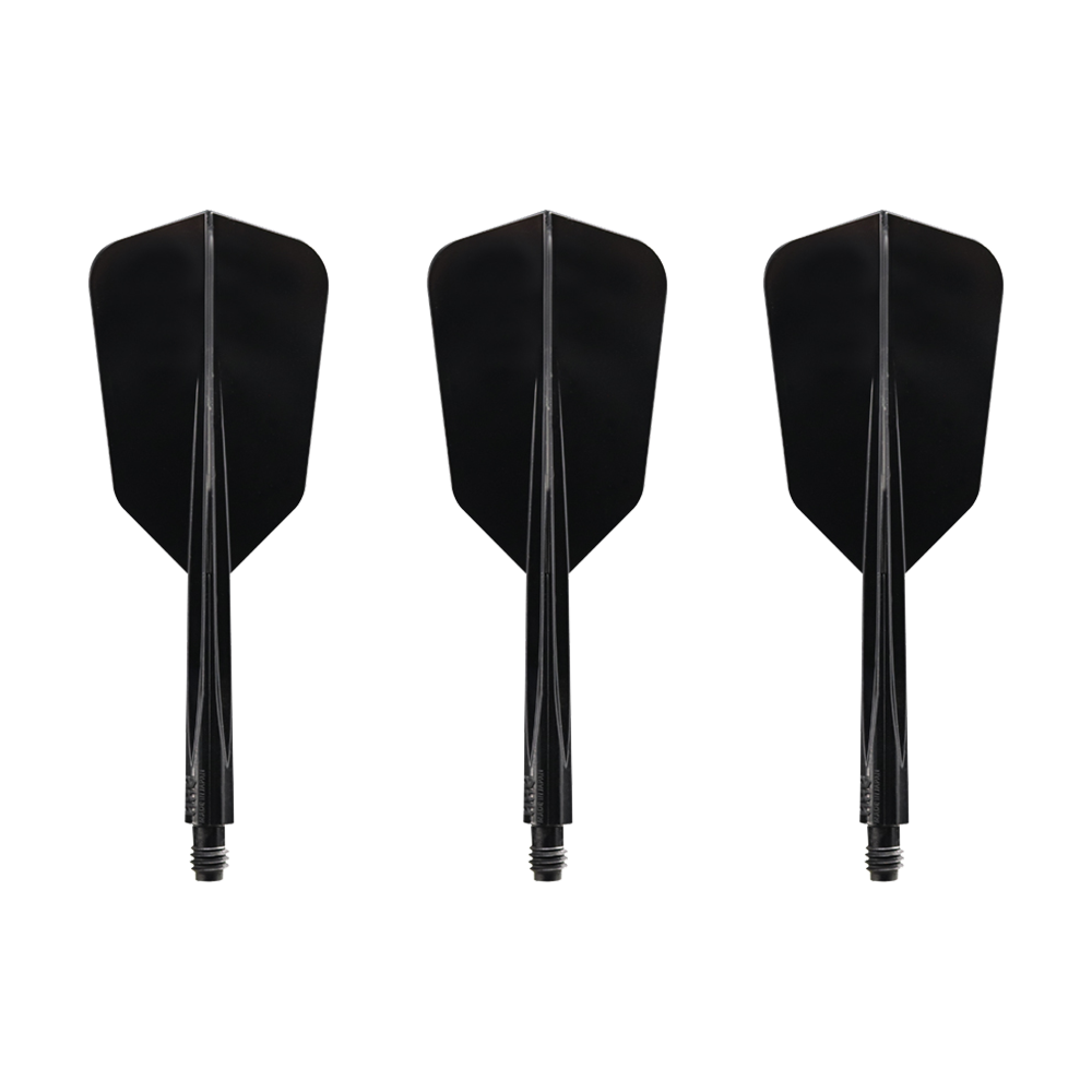 Condor_AXE_Wing_FlightSystem_Schwarz_Slim_1 Das Bild zeigt drei schwarze, schlanke Dartflights des Modells "Condor AXE Wing Flight-System Schwarz - Slim". Sie sind nebeneinander angeordnet und haben jeweils einen integrierten Schaft.