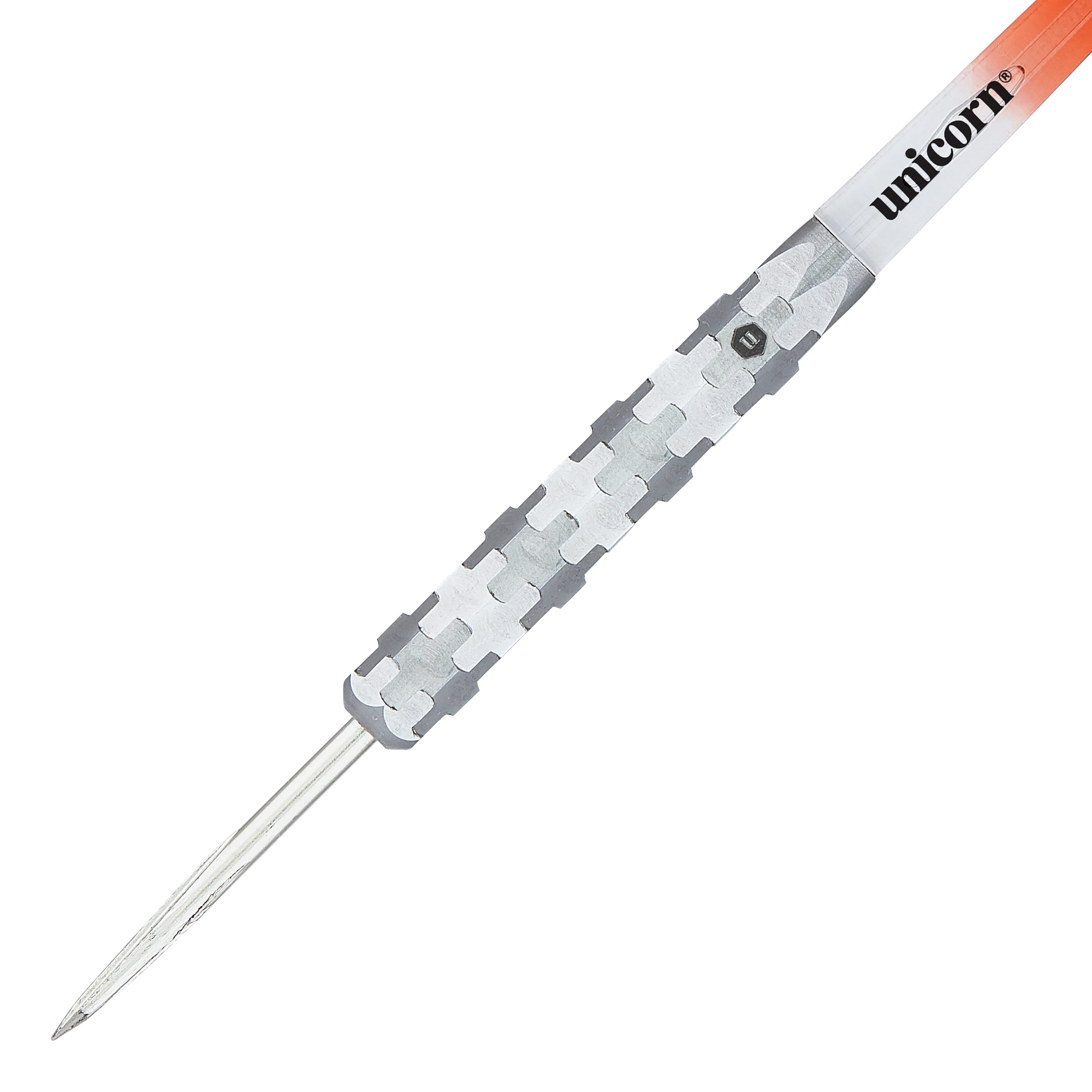 Das Bild zeigt einen Unicorn Ballista Style 1 Steeldart. Der Dart hat einen silbernen, strukturierten Griff und eine spitze Metallspitze.