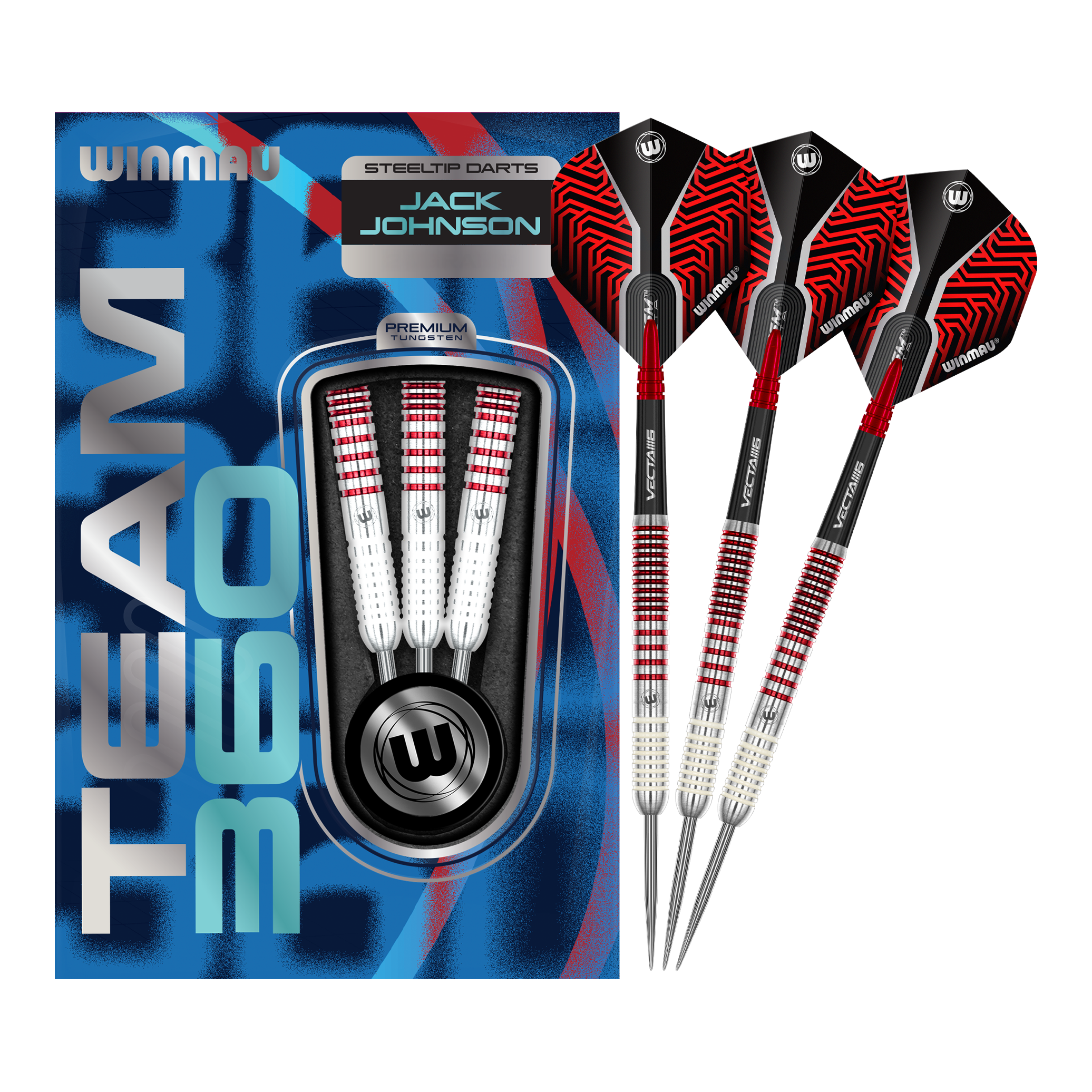 Das Bild zeigt das komplette Set der Winmau Team 360 Jack Johnson Steeldarts mit 24g. Die Steeldarts sind für präzises Werfen entwickelt.
