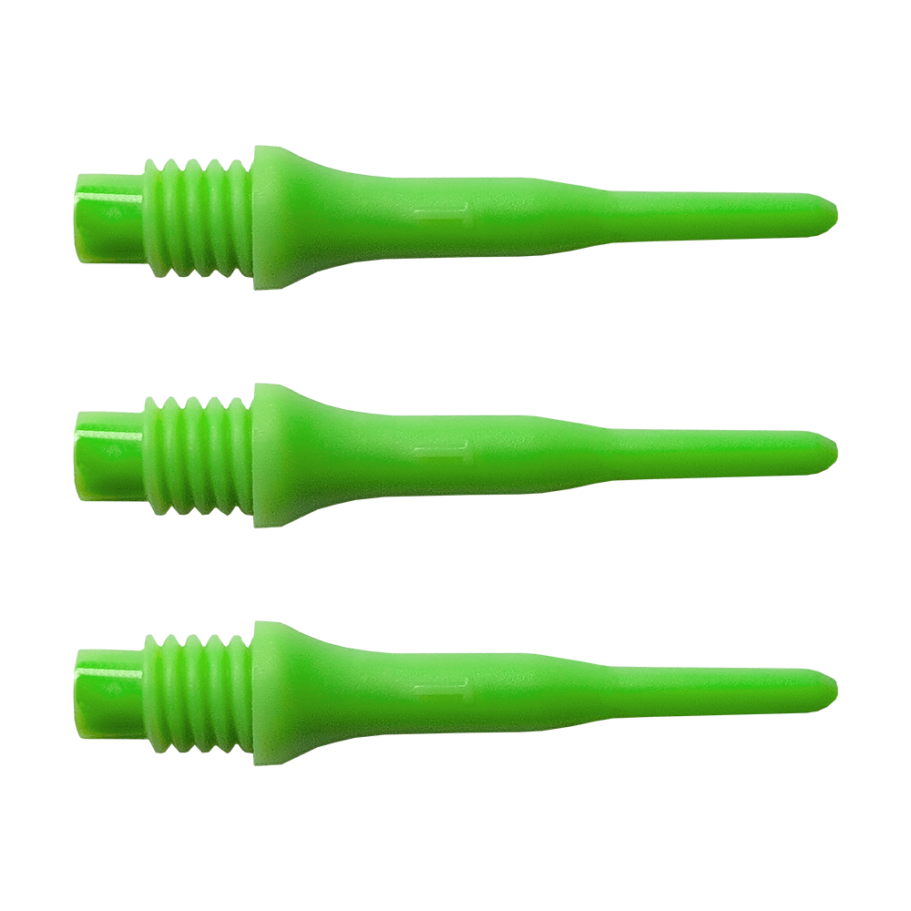 896_Bulls_Tefo_X_Softdart-Spitzen_100erPack_Gr-n_1 Das Bild zeigt drei grüne Spitzen für Soft-Darts. Diese Spitzen gehören zum Produkt "Bulls Tefo X Spitzen (100er Pack)".