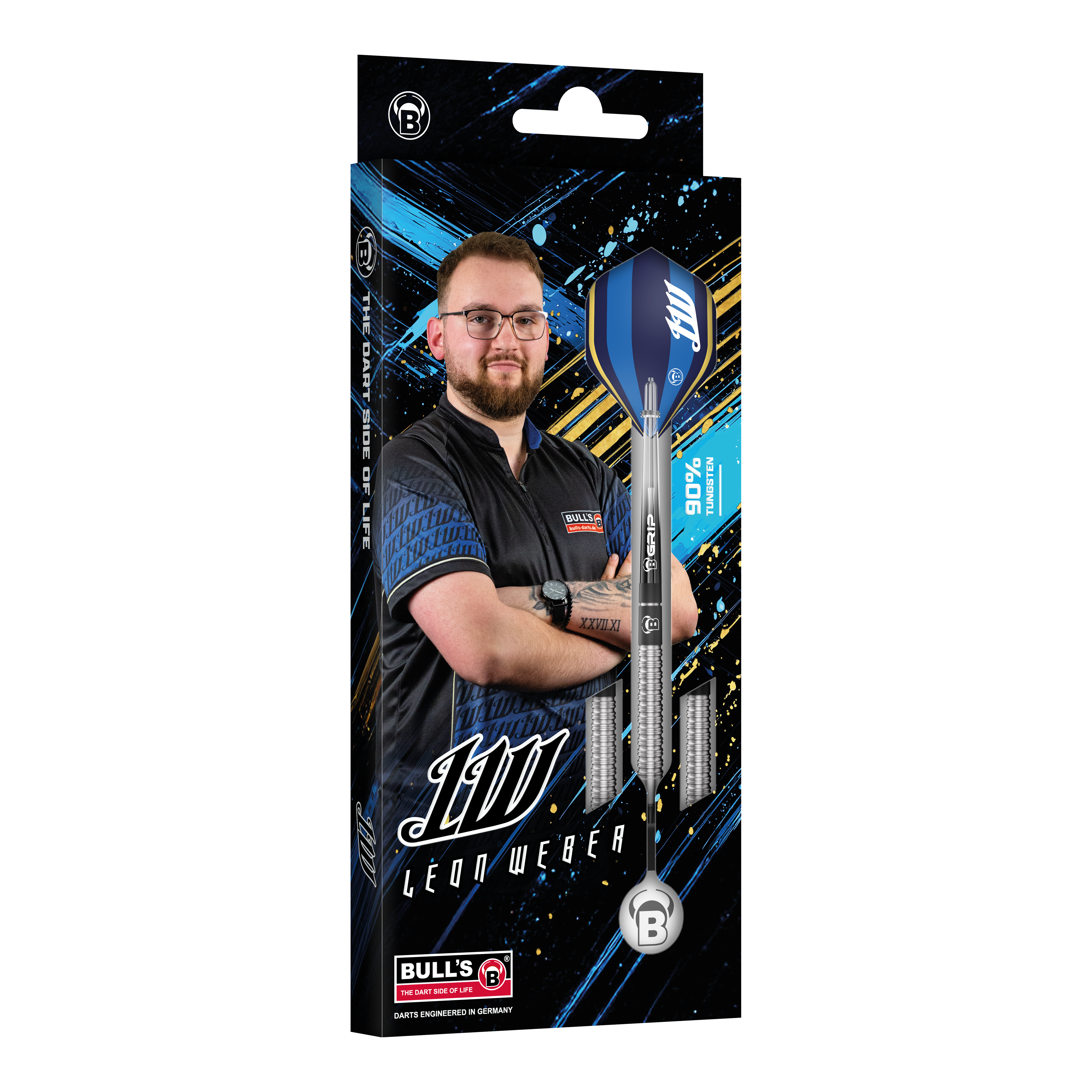 Das Bild zeigt Bulls Leon Weber Softdarts mit 22 Gramm Gewicht. Die Darts sind speziell für Softdart-Spiele entwickelt.