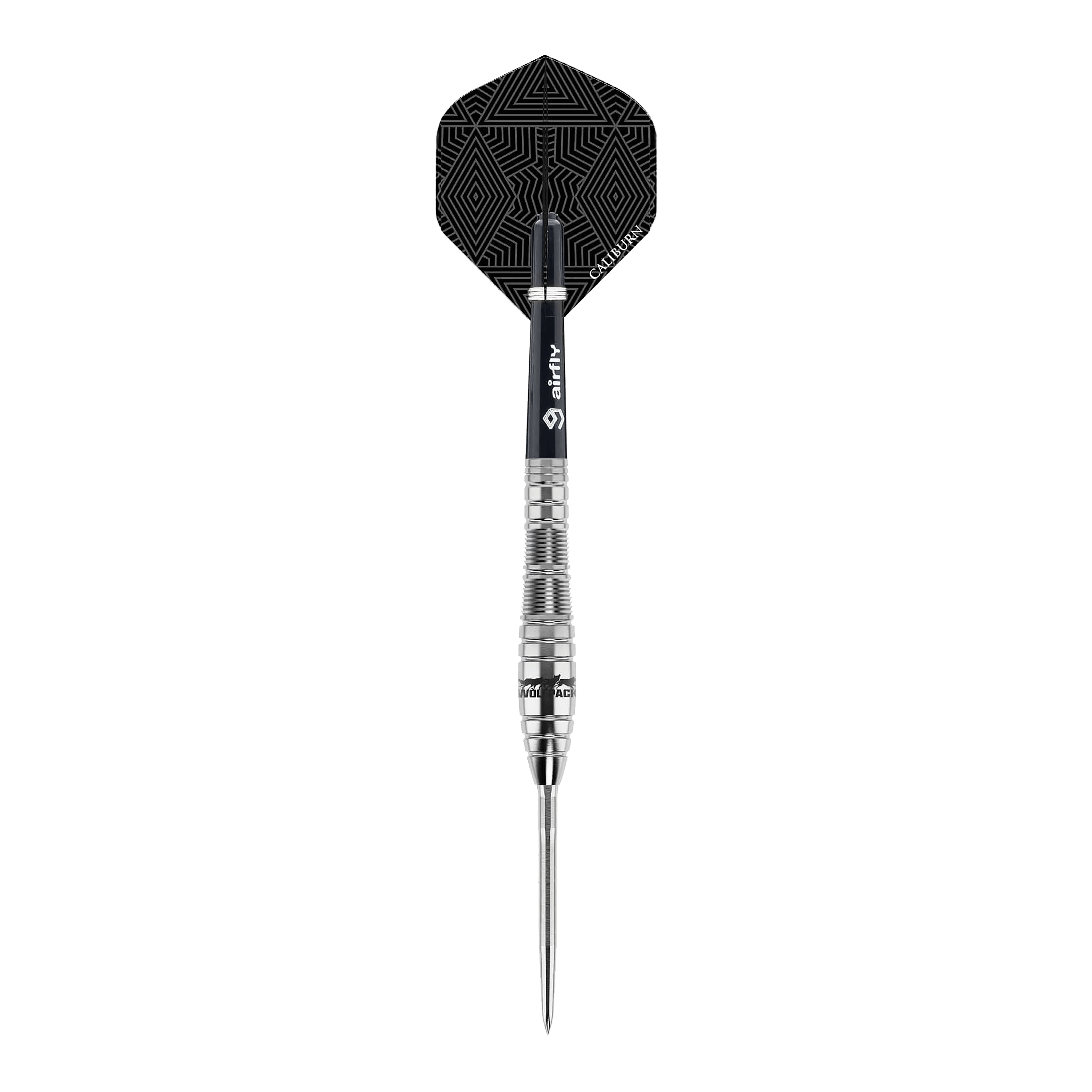 Dies ist ein Steeldart des Produkts "Caliburn Wolfpack W2" mit einem Gewicht von 22g. Der Dart hat ein silbernes Barrel und einen schwarzen Flight mit geometrischem Muster.