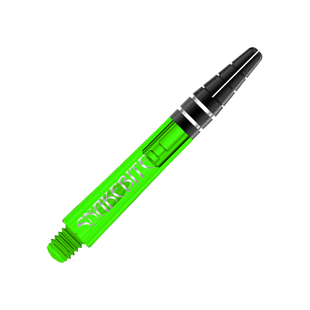 Das Bild zeigt einen grünen Dartshaft mit der Aufschrift "Snakebite." Es handelt sich um den "Red Dragon Nitrotech Peter Wright Shaft" in der Farbe Grün.