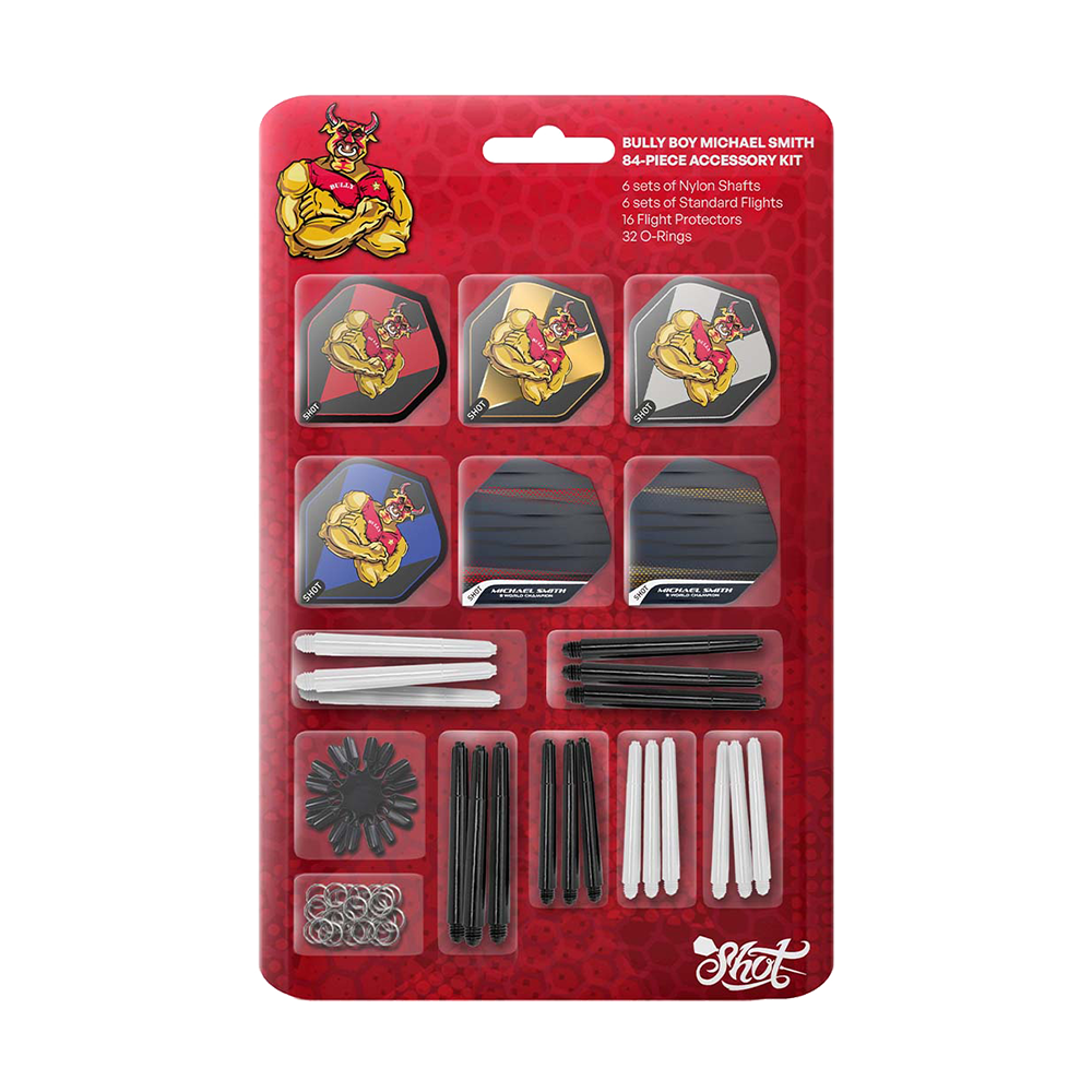 Shot Michael Smith Accessory Kit - 84 pieces Das Bild zeigt das "Shot Michael Smith Accessory Kit - 84 Teile" für Darts. Das Set enthält Flights, Shafts, Flight Protectoren und O-Ringe in verschiedenen Farben und Designs.